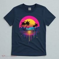 Retro 1980s Palm Tree Sunset Sunrise Pain Drip T-Shirt thumb 5