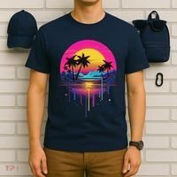 Retro 1980s Palm Tree Sunset Sunrise Pain Drip T-Shirt thumb 6