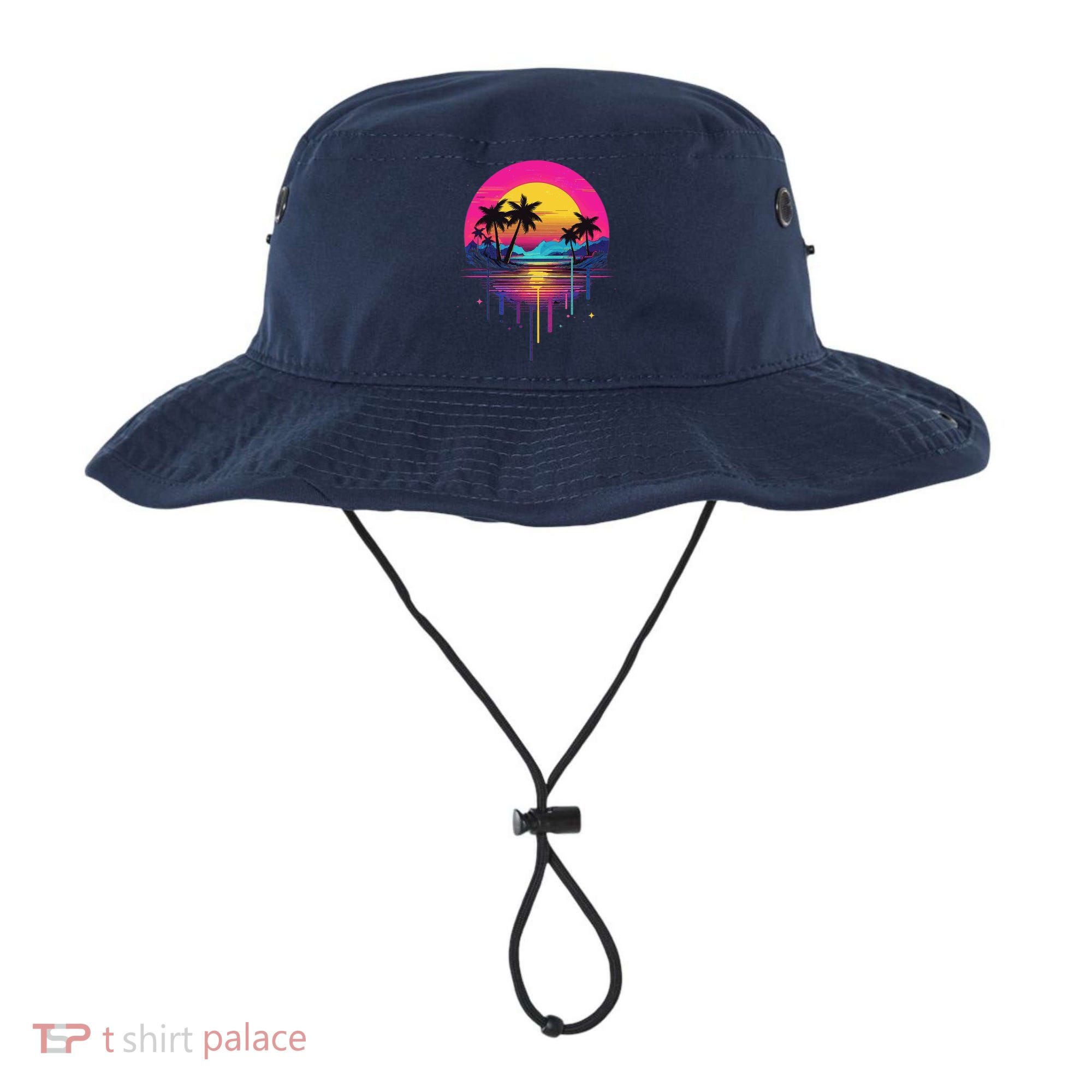 Retro 1980s Palm Tree Sunset Sunrise Pain Drip Bucket Hat