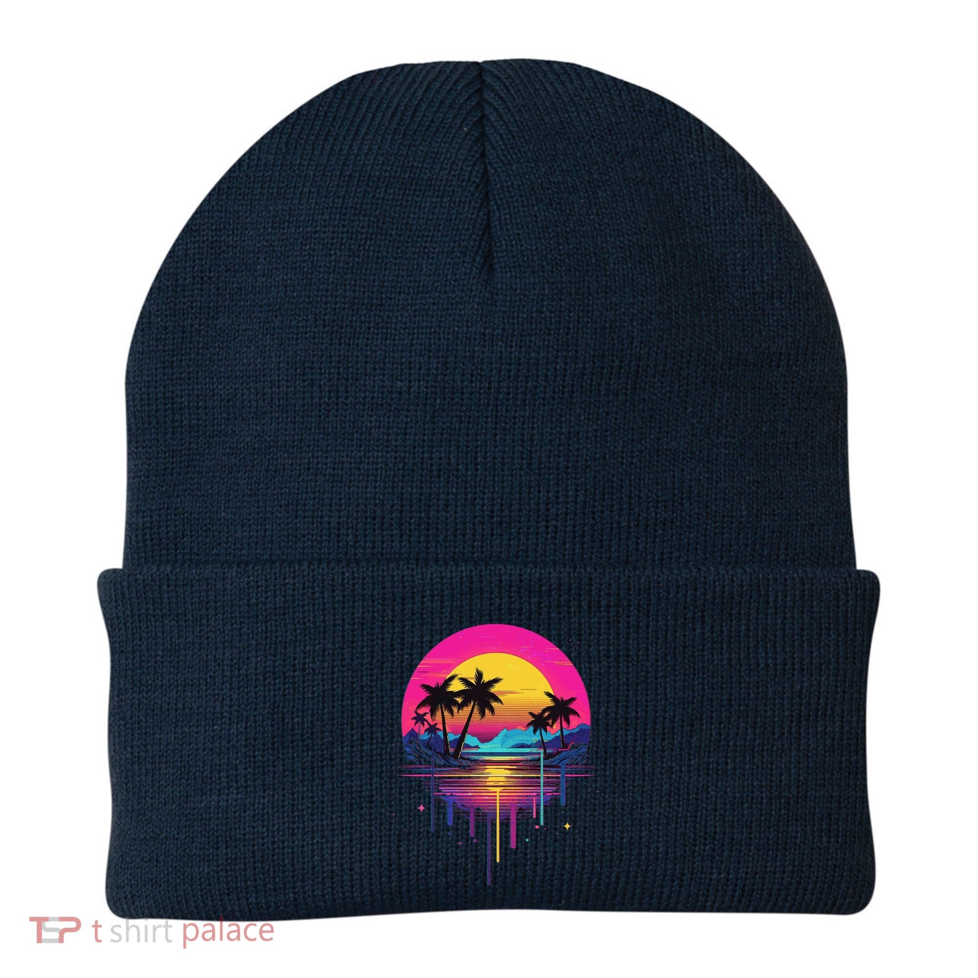 Retro 1980s Palm Tree Sunset Sunrise Pain Drip Beanie
