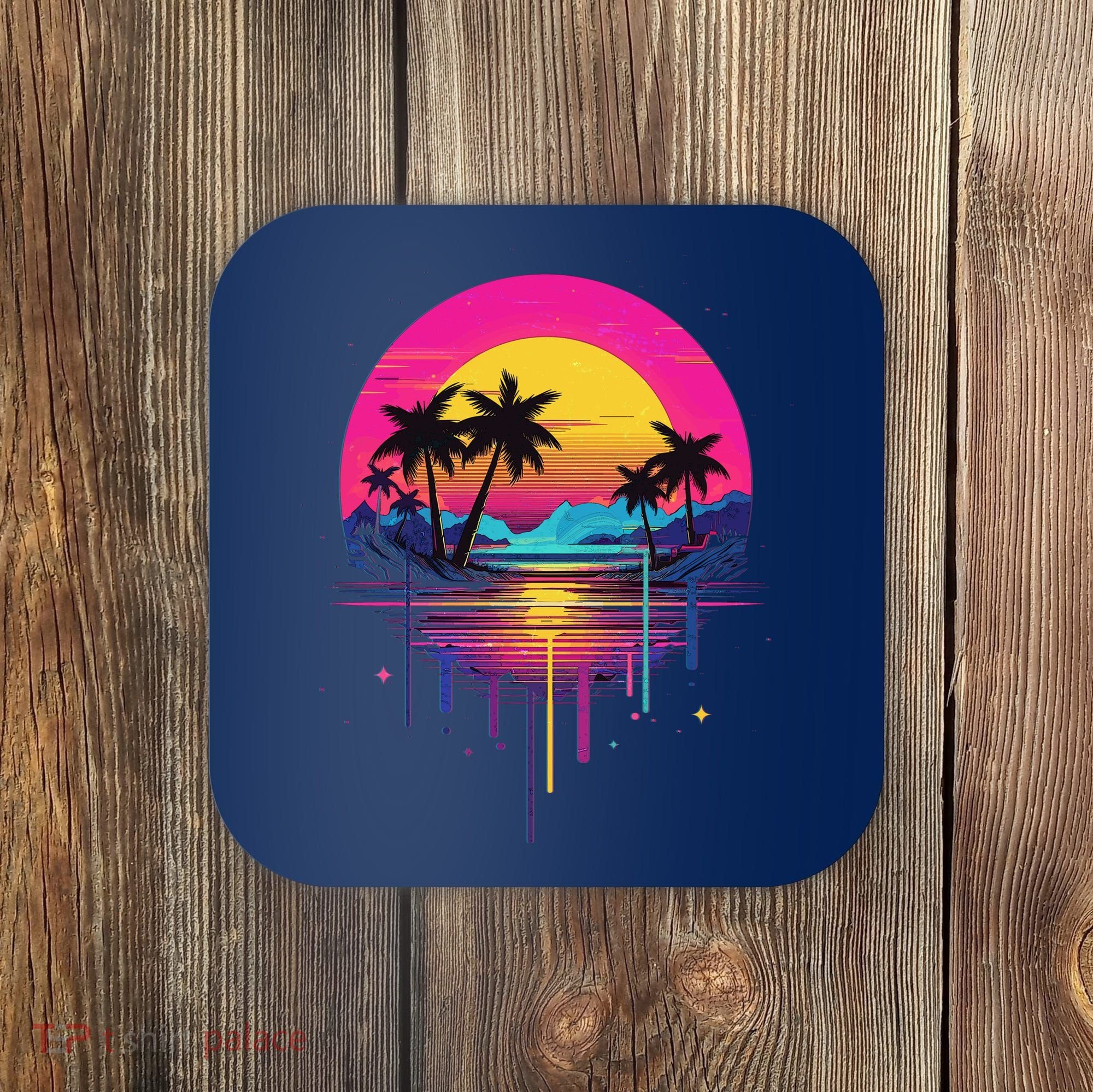 Retro 1980s Palm Tree Sunset Sunrise Pain Drip Coaster