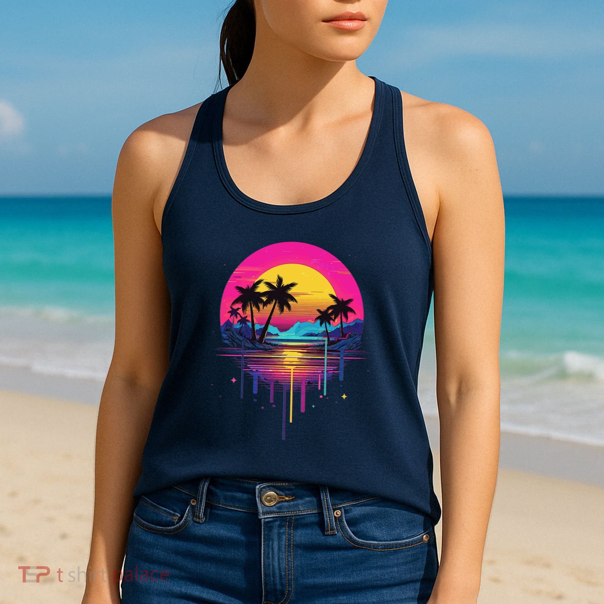 Retro 1980s Palm Tree Sunset Sunrise Pain Drip Women's Tank Top