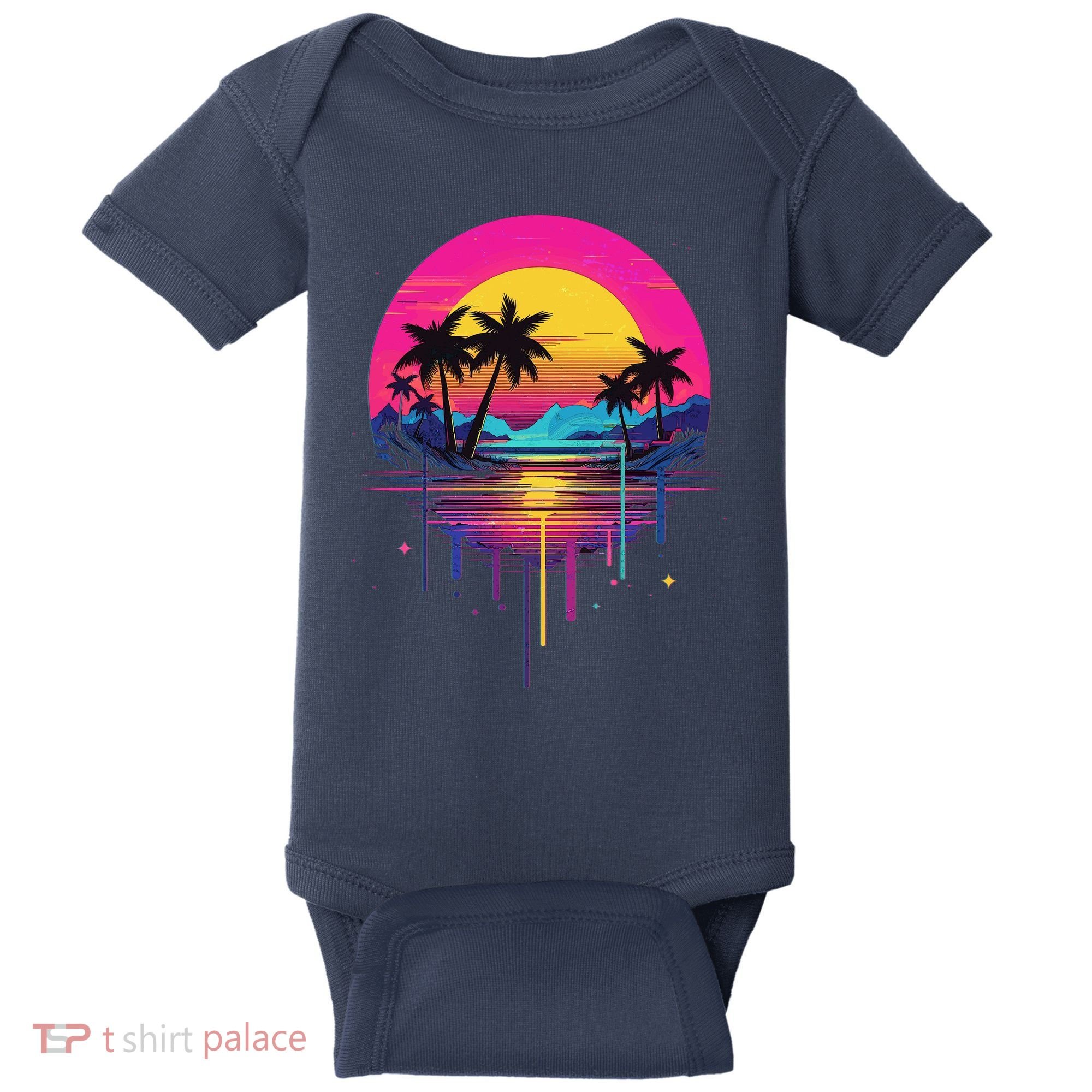 Retro 1980s Palm Tree Sunset Sunrise Pain Drip Baby Bodysuit