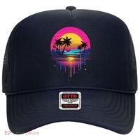 Retro 1980s Palm Tree Sunset Sunrise Pain Drip Hat thumb 0