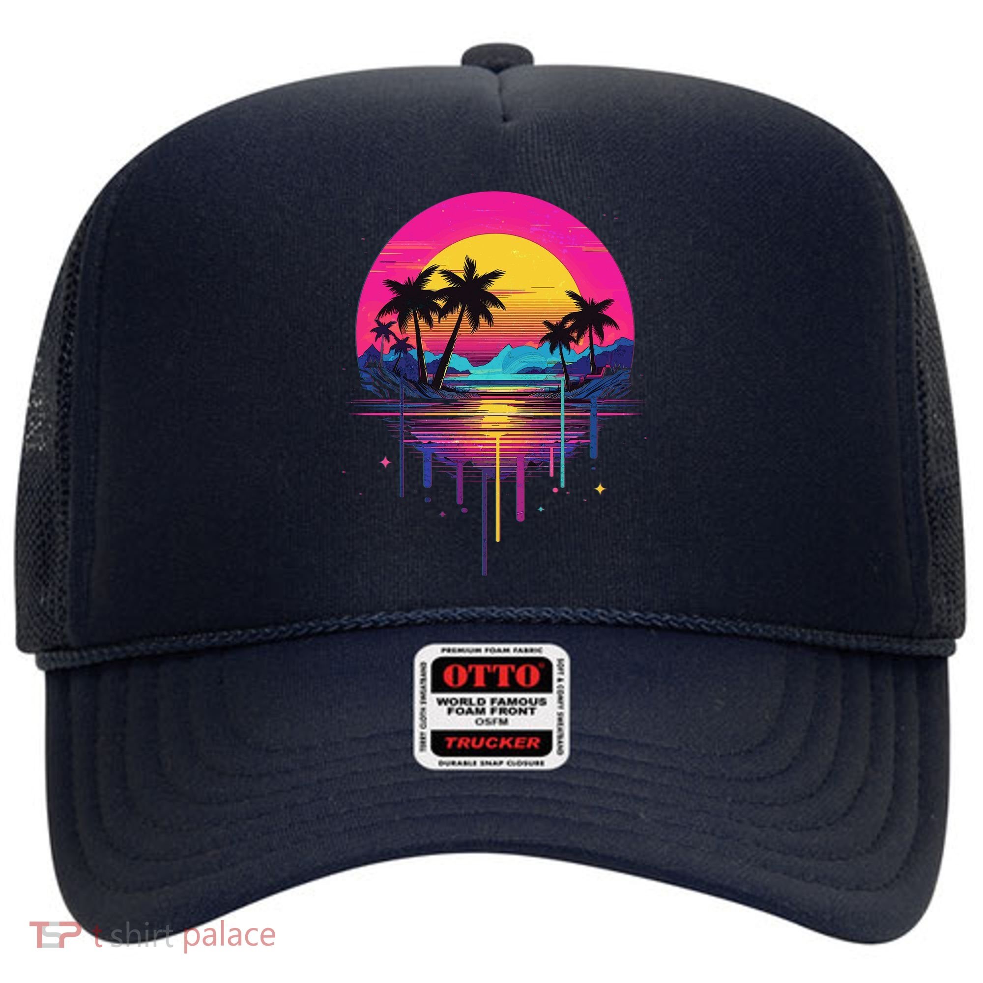 Retro 1980s Palm Tree Sunset Sunrise Pain Drip Hat