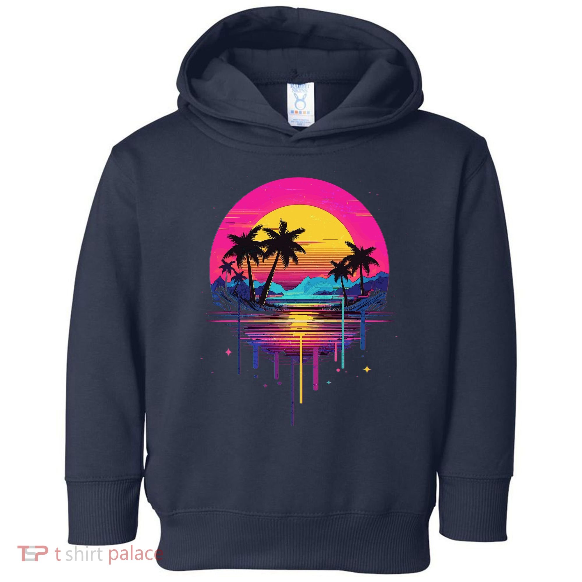 Retro 1980s Palm Tree Sunset Sunrise Pain Drip Toddler Hoodie