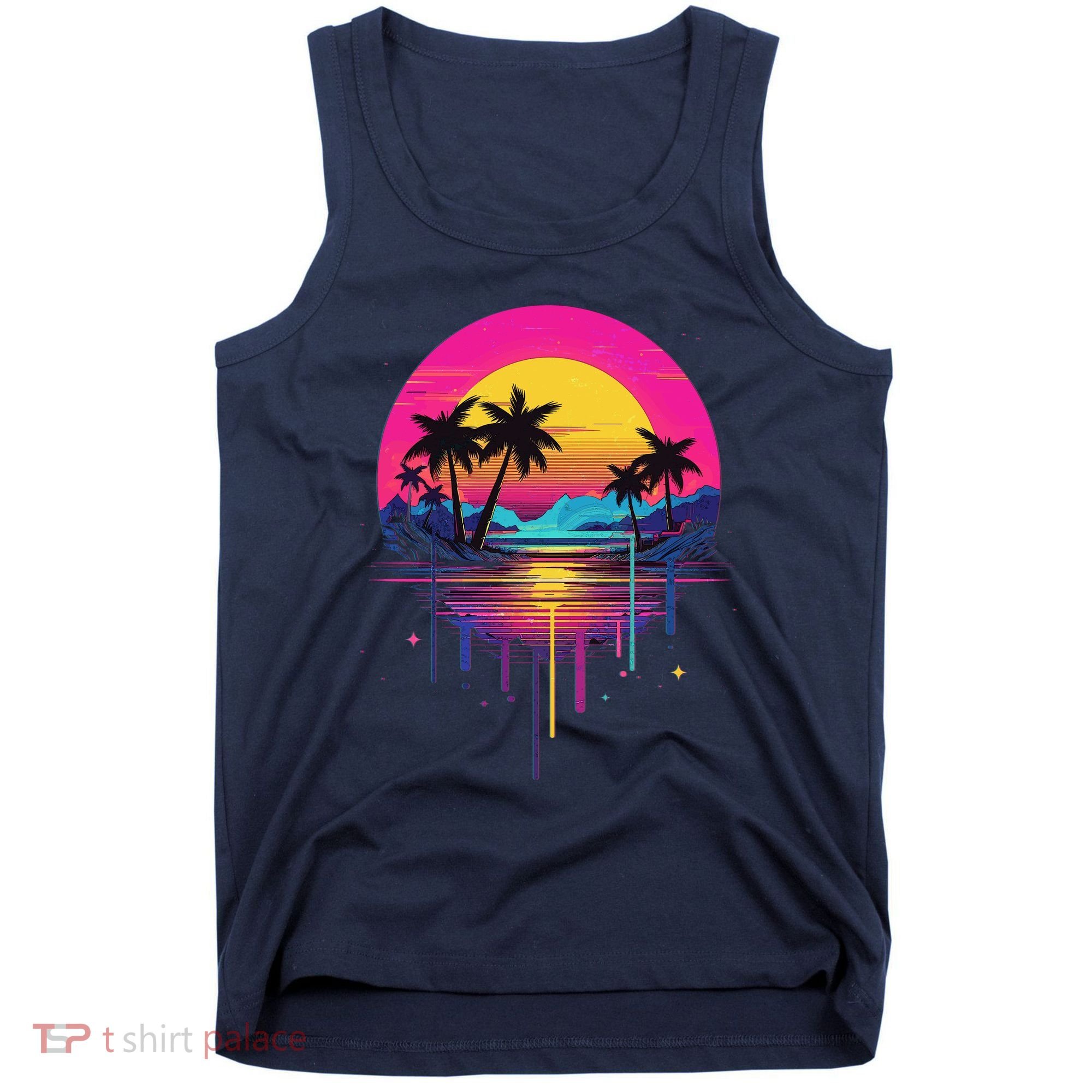 Retro 1980s Palm Tree Sunset Sunrise Pain Drip Tank Top