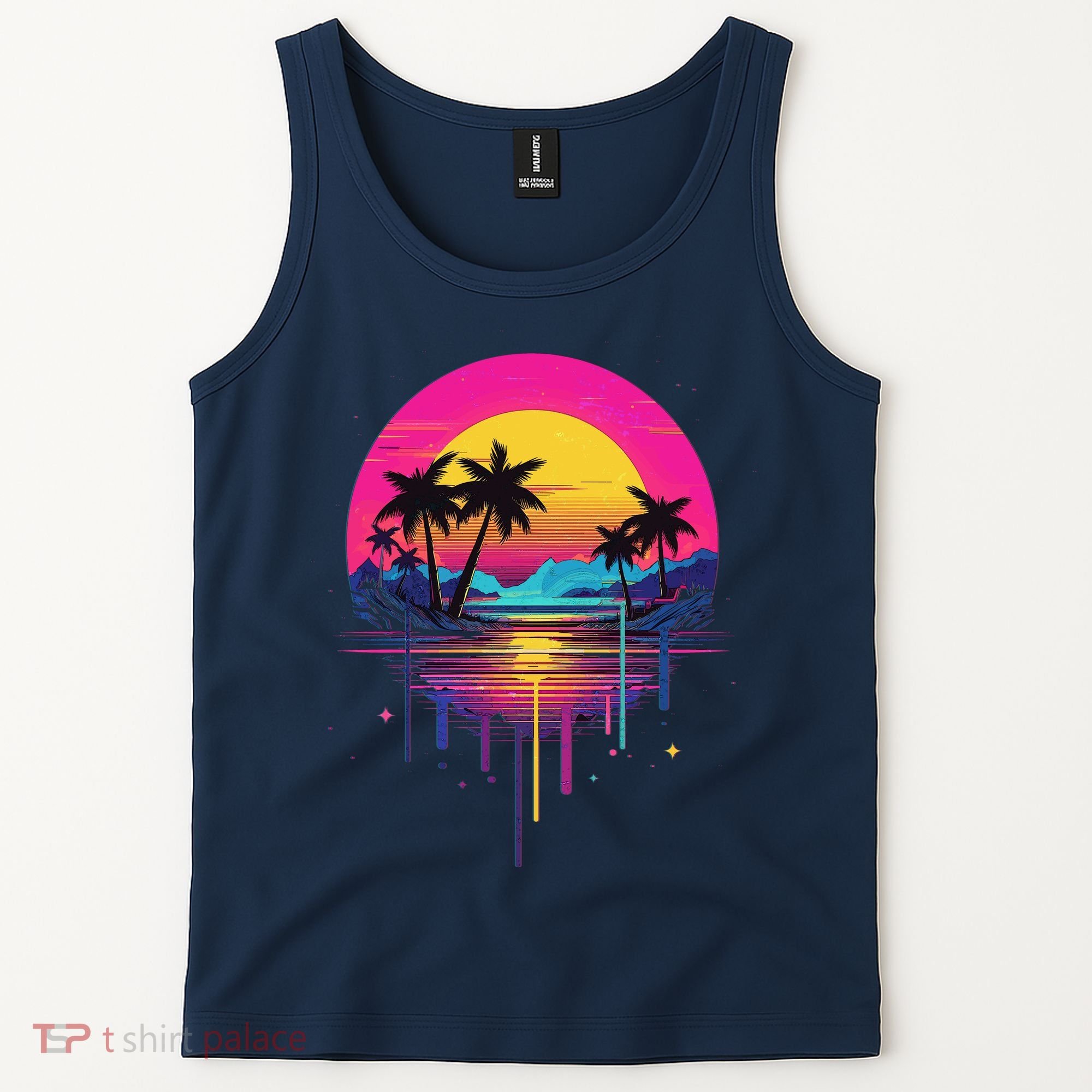 Retro 1980s Palm Tree Sunset Sunrise Pain Drip Tank Top