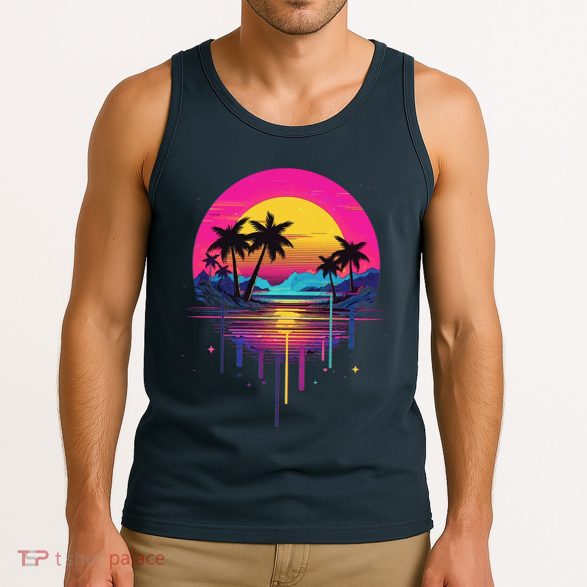 Retro 1980s Palm Tree Sunset Sunrise Pain Drip Tank Top