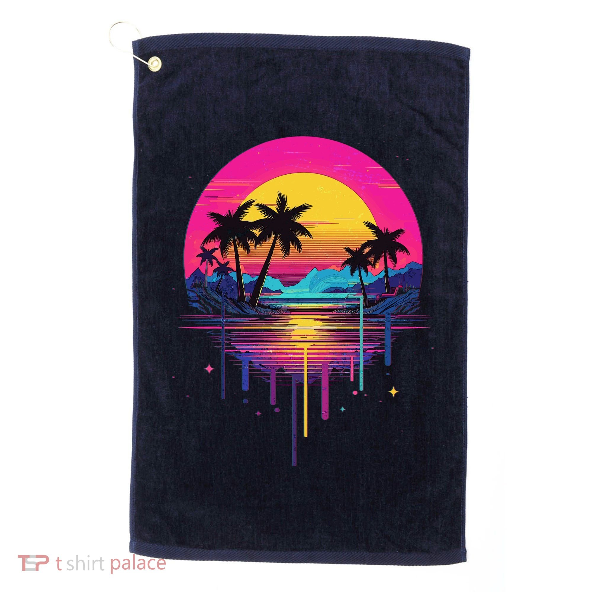 Retro 1980s Palm Tree Sunset Sunrise Pain Drip Golf Towel