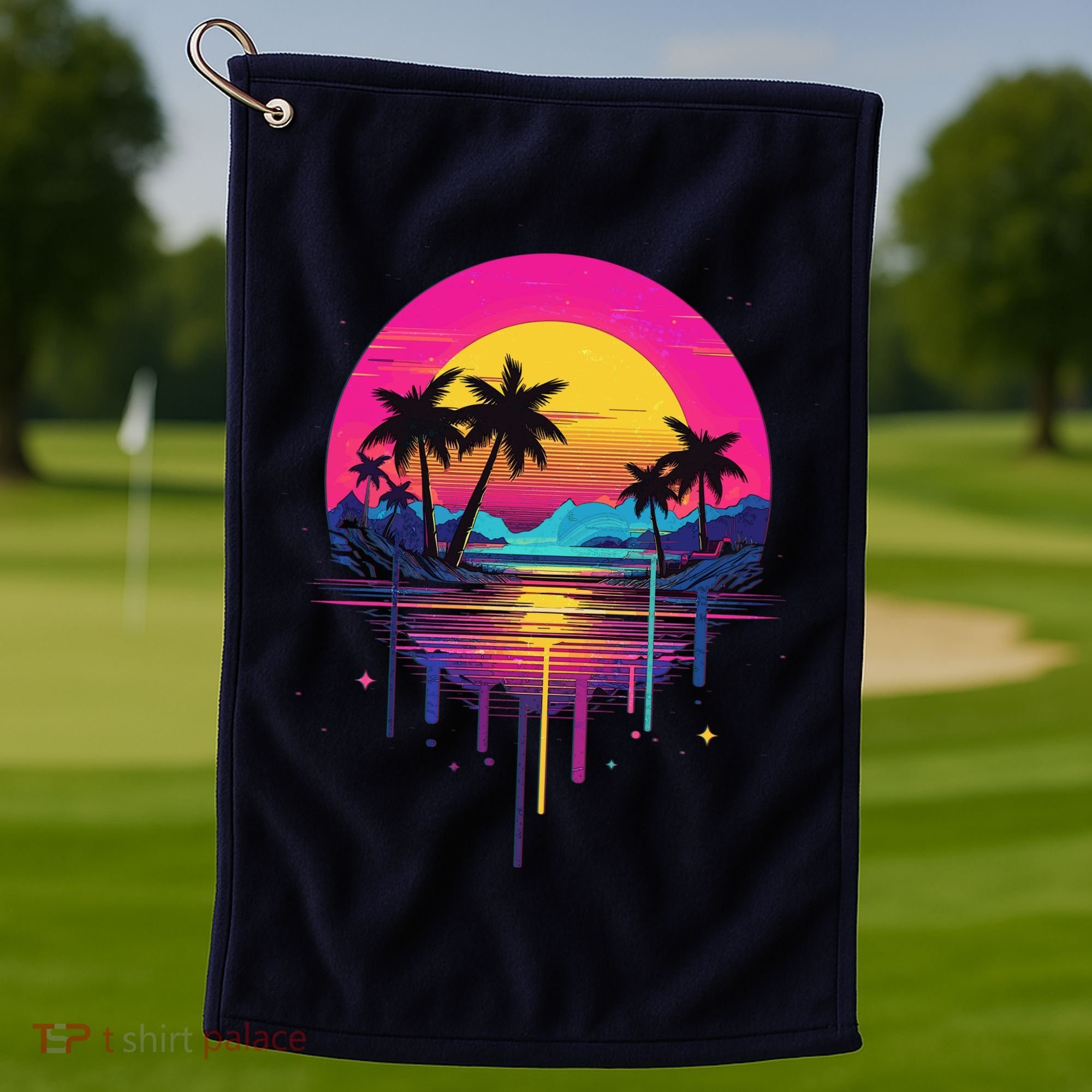Retro 1980s Palm Tree Sunset Sunrise Pain Drip Golf Towel