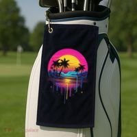 Retro 1980s Palm Tree Sunset Sunrise Pain Drip Golf Towel thumb 2