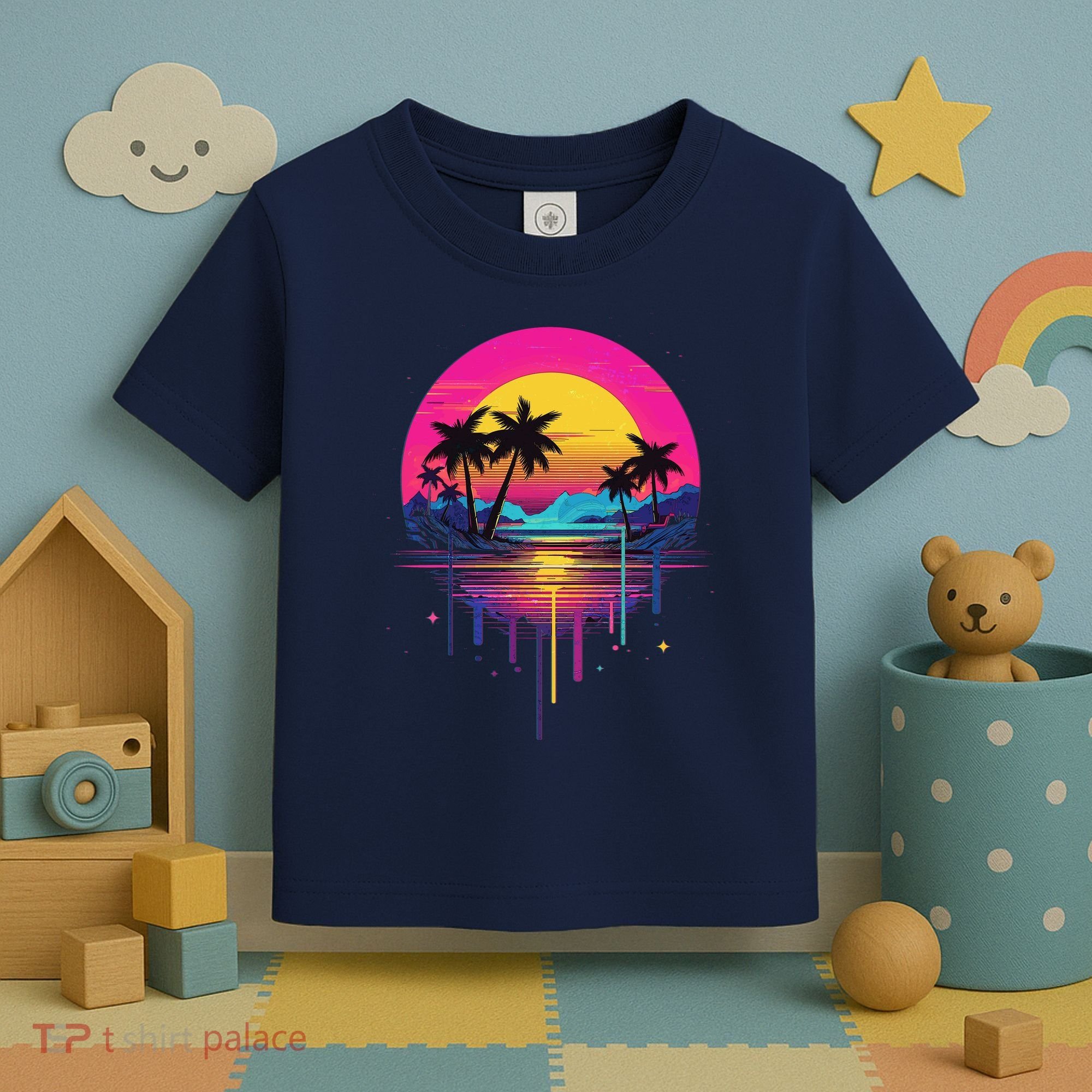 Retro 1980s Palm Tree Sunset Sunrise Pain Drip Toddler T-Shirt