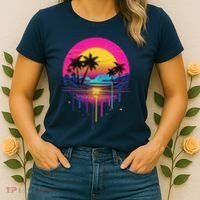 Retro 1980s Palm Tree Sunset Sunrise Pain Drip Women's T-Shirt thumb 2