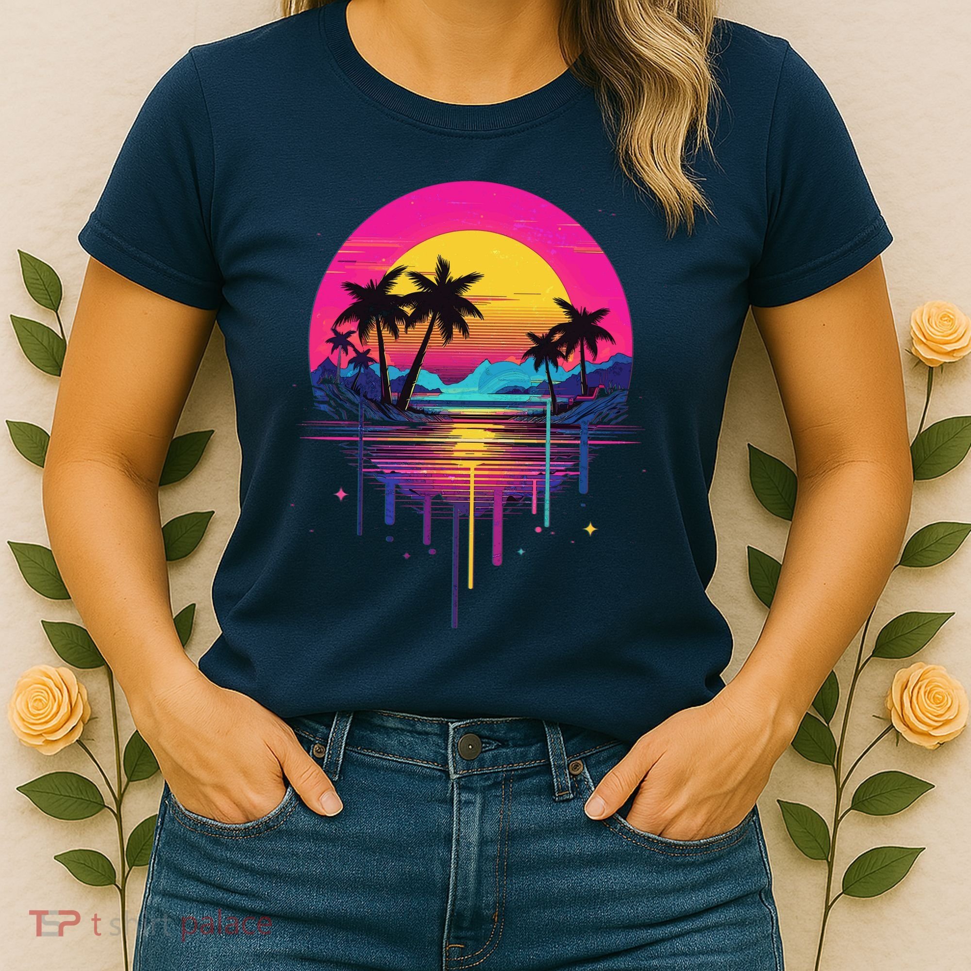 Retro 1980s Palm Tree Sunset Sunrise Pain Drip Women's T-Shirt