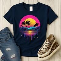 Retro 1980s Palm Tree Sunset Sunrise Pain Drip Women's T-Shirt thumb 3