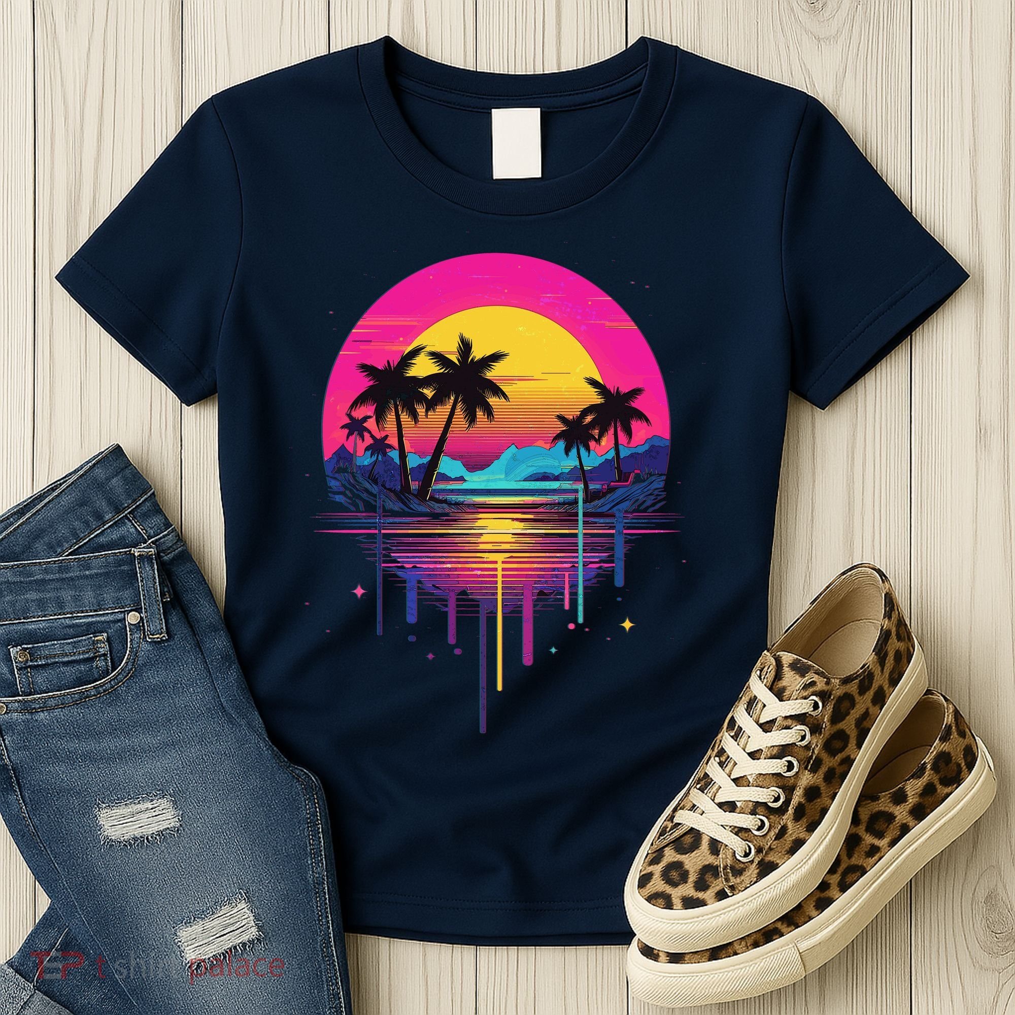 Retro 1980s Palm Tree Sunset Sunrise Pain Drip Women's T-Shirt