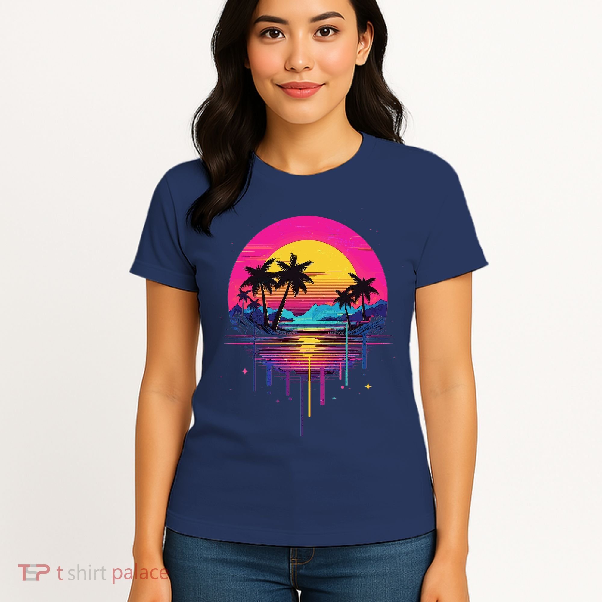 Retro 1980s Palm Tree Sunset Sunrise Pain Drip Women's T-Shirt