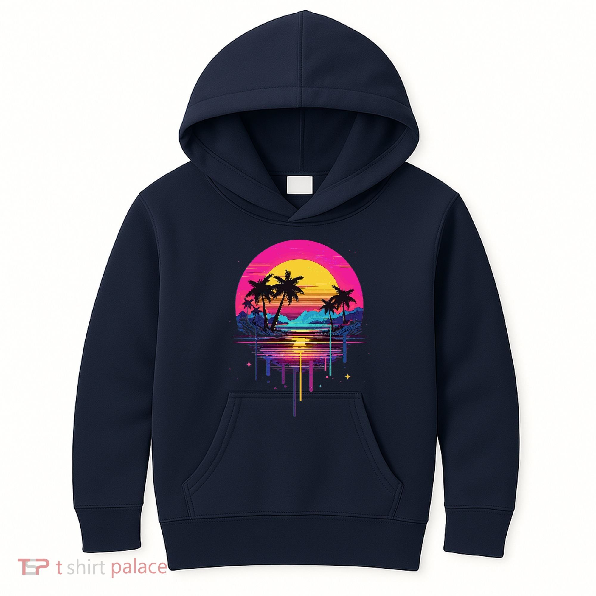 Retro 1980s Palm Tree Sunset Sunrise Pain Drip Kids Hoodie