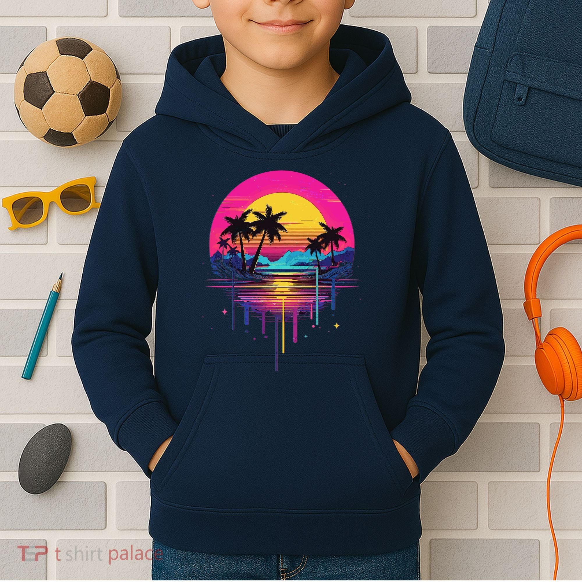 Retro 1980s Palm Tree Sunset Sunrise Pain Drip Kids Hoodie