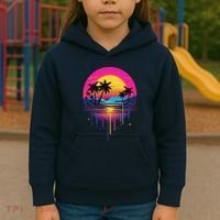 Retro 1980s Palm Tree Sunset Sunrise Pain Drip Kids Hoodie thumb 3