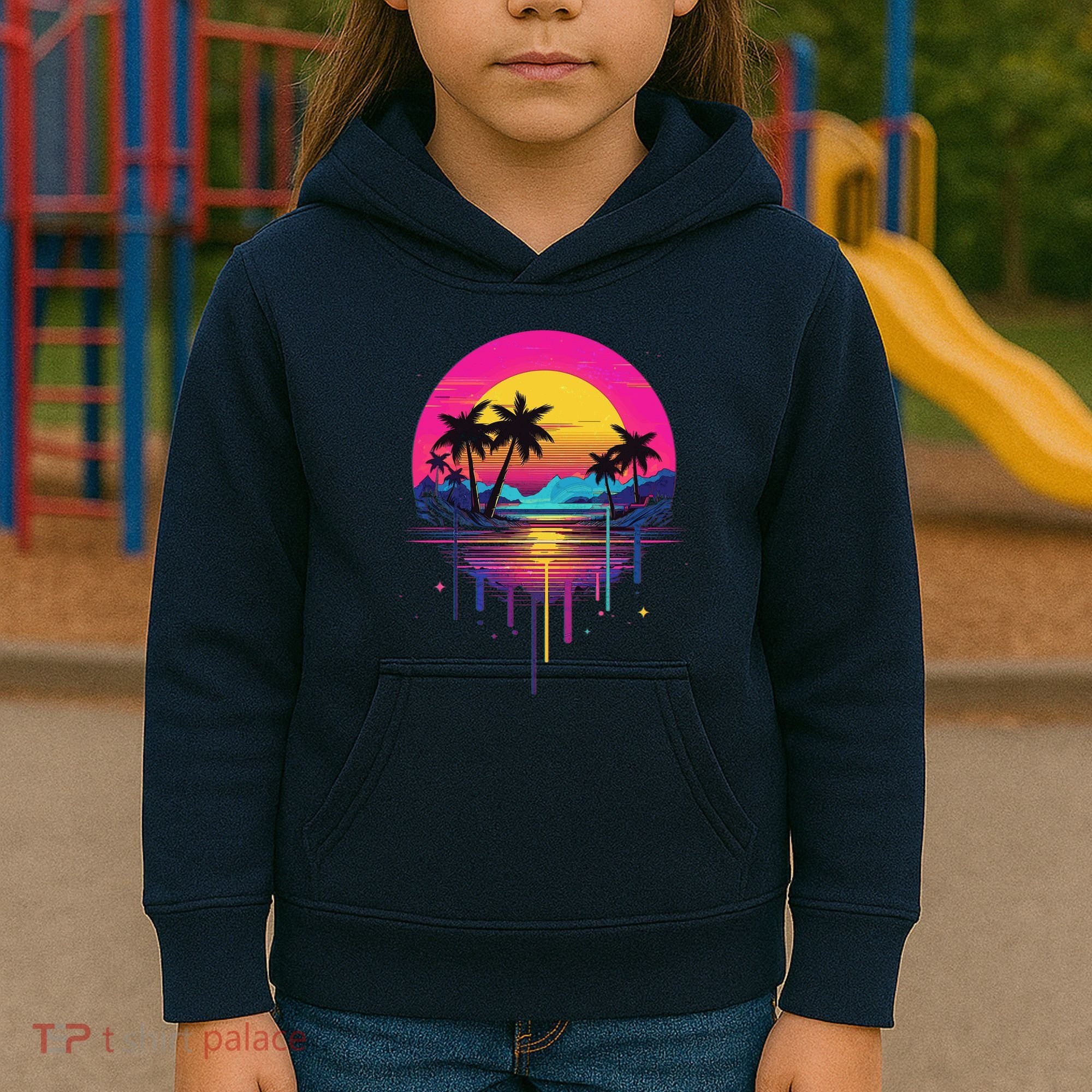 Retro 1980s Palm Tree Sunset Sunrise Pain Drip Kids Hoodie