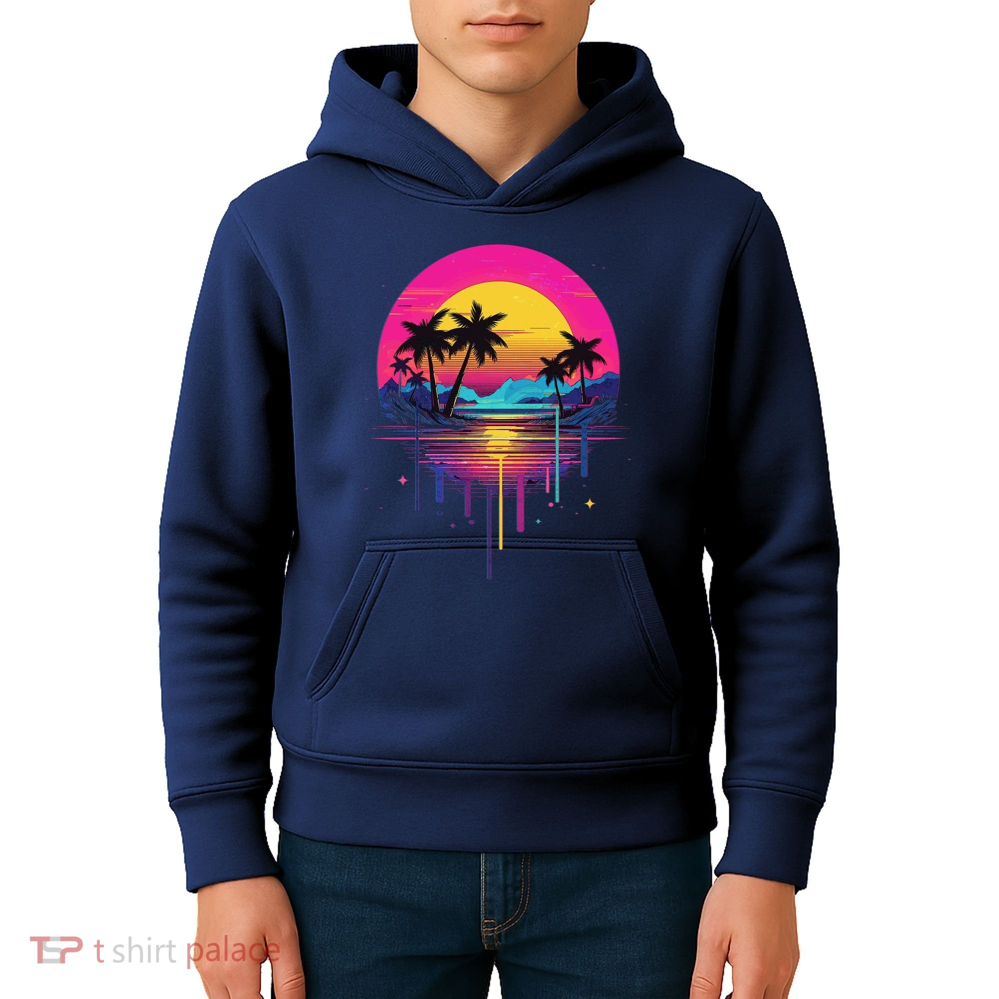 Retro 1980s Palm Tree Sunset Sunrise Pain Drip Kids Hoodie