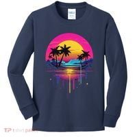 Retro 1980s Palm Tree Sunset Sunrise Pain Drip Kids Long Sleeve Shirt thumb 0