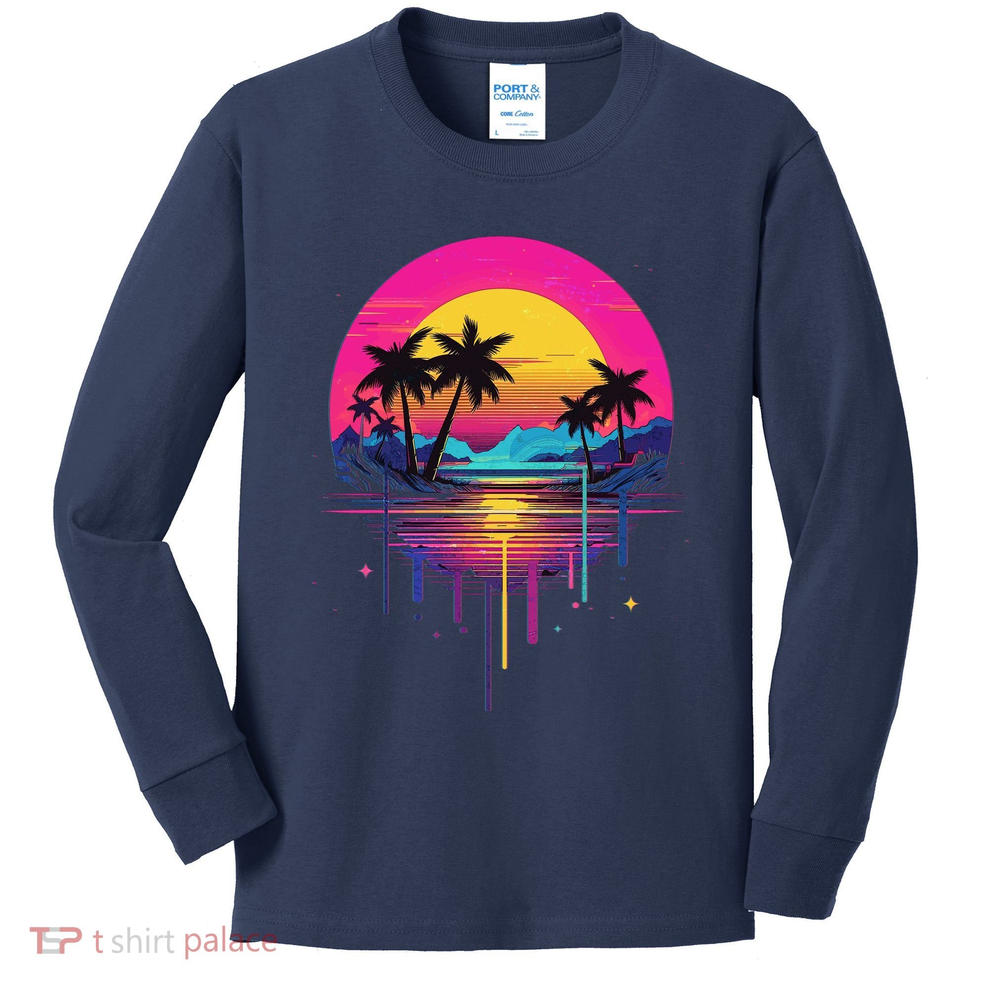 Retro 1980s Palm Tree Sunset Sunrise Pain Drip Kids Long Sleeve Shirt