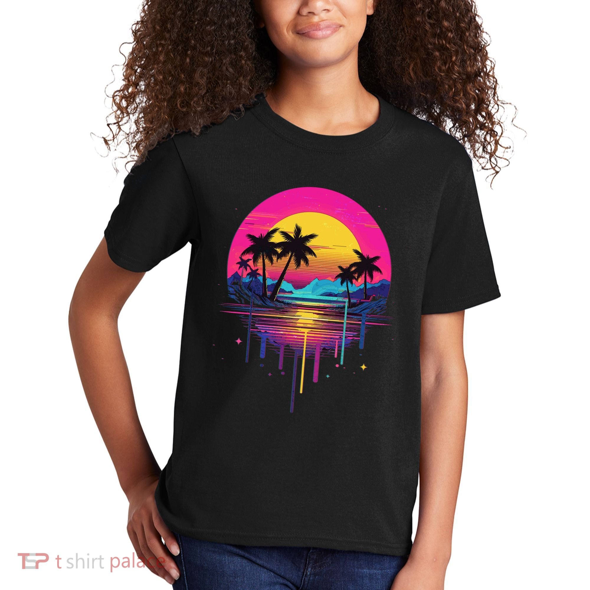 Retro 1980s Palm Tree Sunset Sunrise Pain Drip Kids T-Shirt