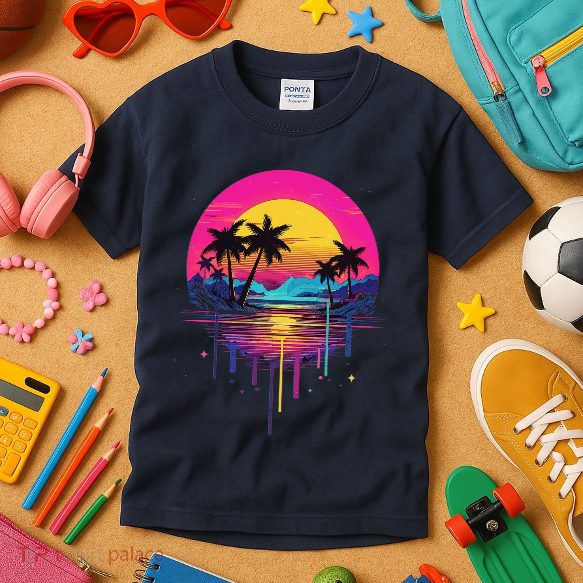 Retro 1980s Palm Tree Sunset Sunrise Pain Drip Kids T-Shirt