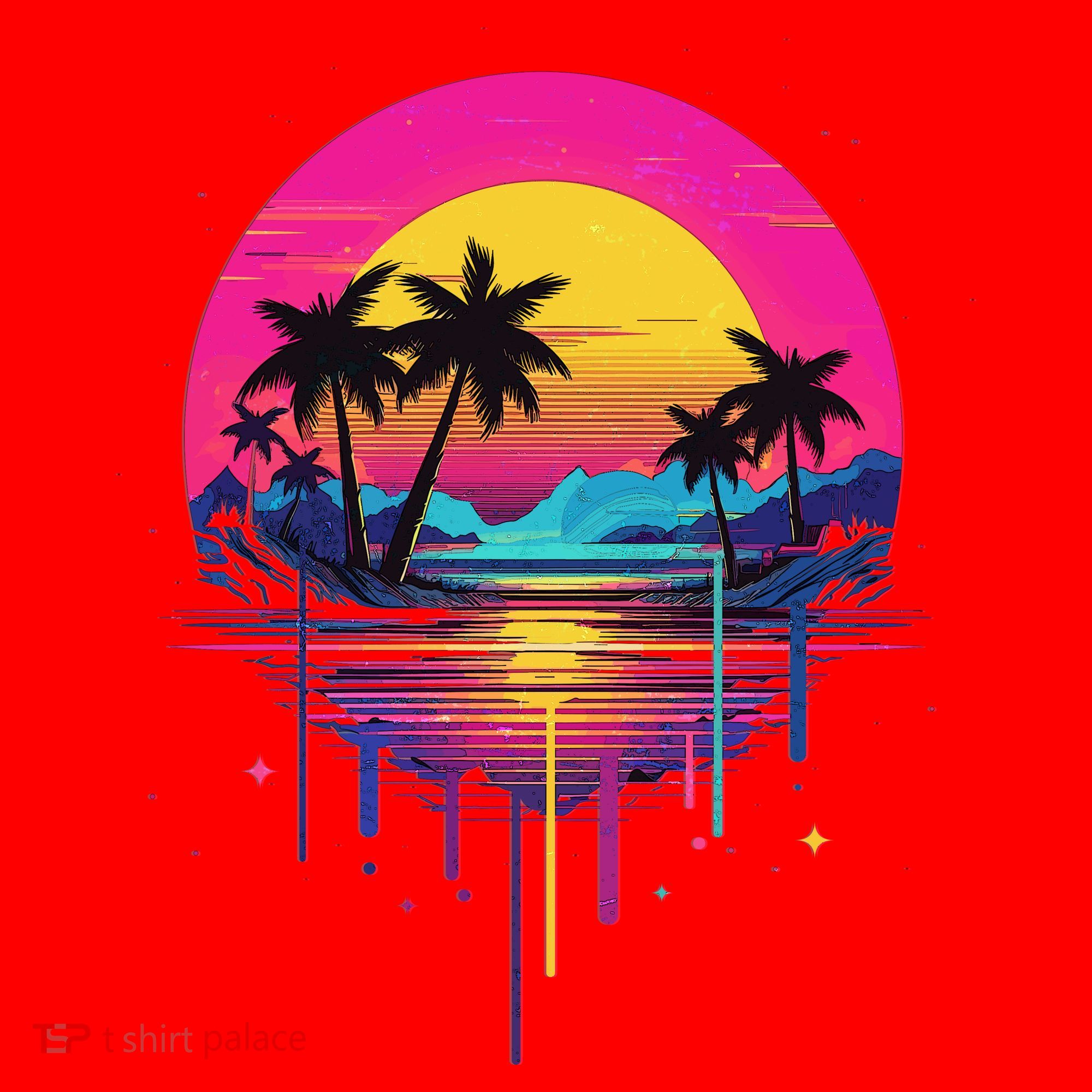 Retro 1980s Palm Tree Sunset Sunrise Pain Drip Santa Hat