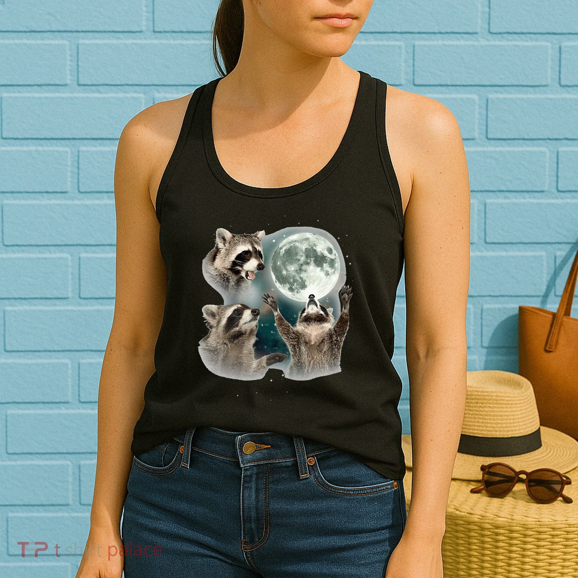 Raccoon 3 Racoons Howling At Moon Women's Tank Top