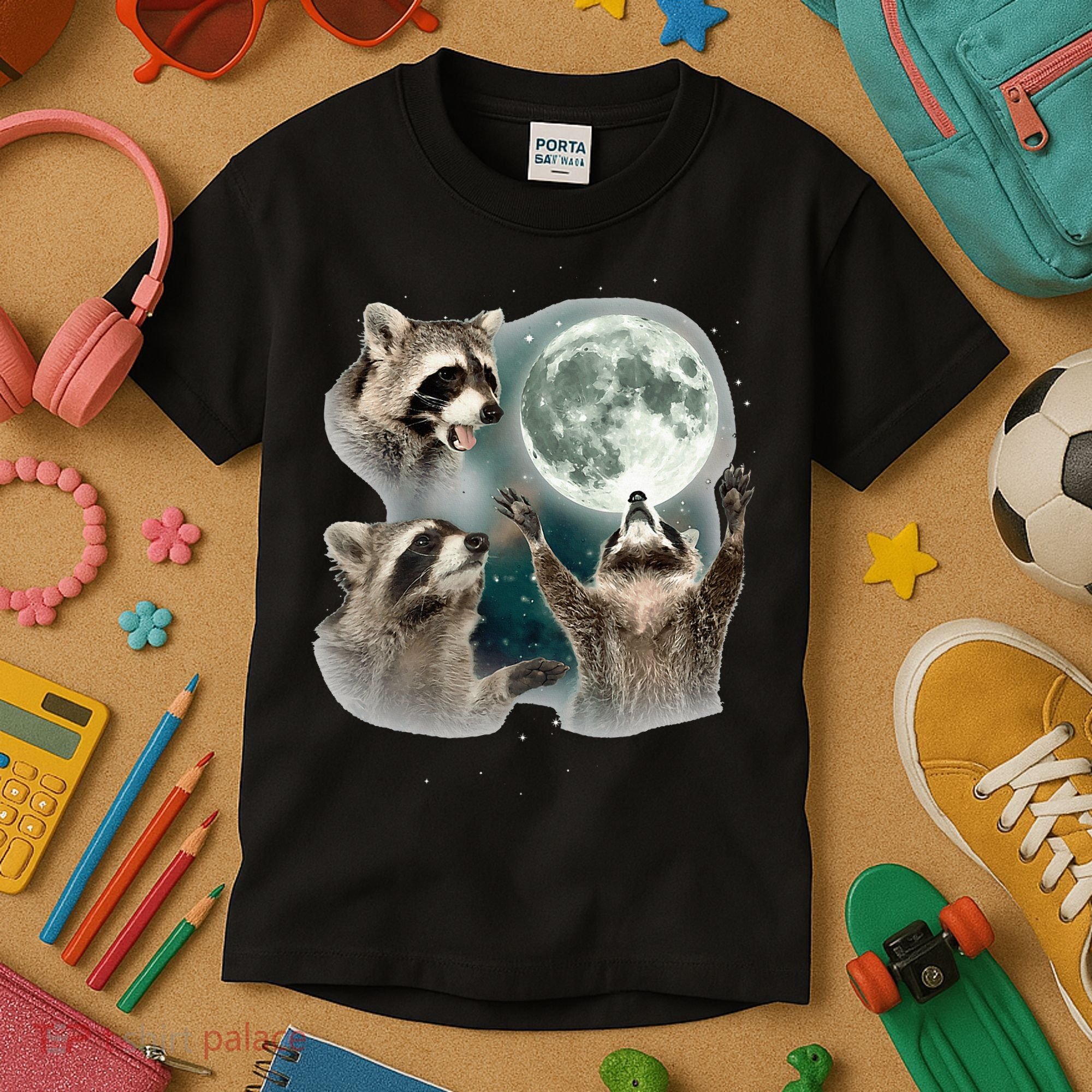 Raccoon 3 Racoons Howling At Moon Kids T-Shirt