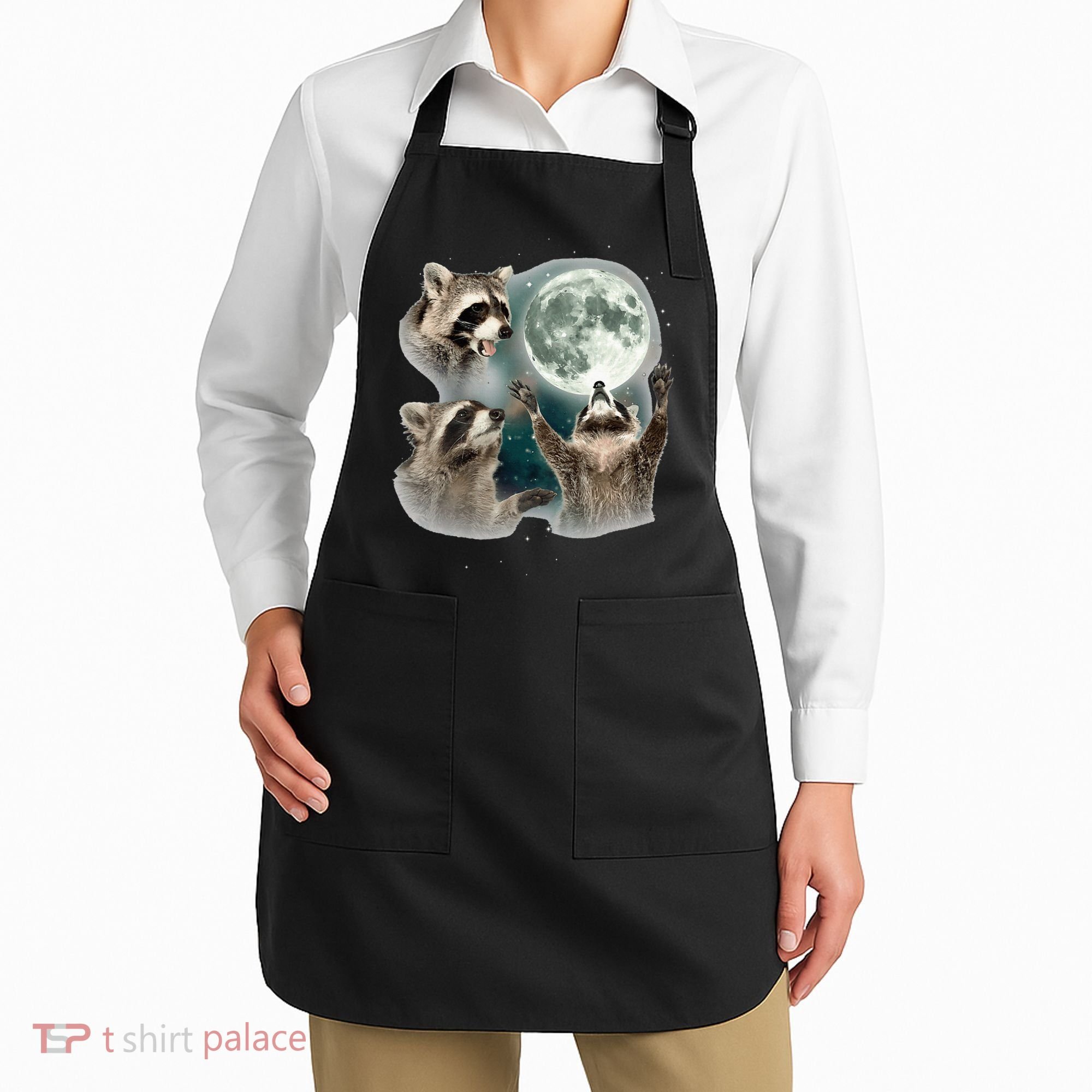 Raccoon 3 Racoons Howling At Moon Funny Weird Cursed Apron