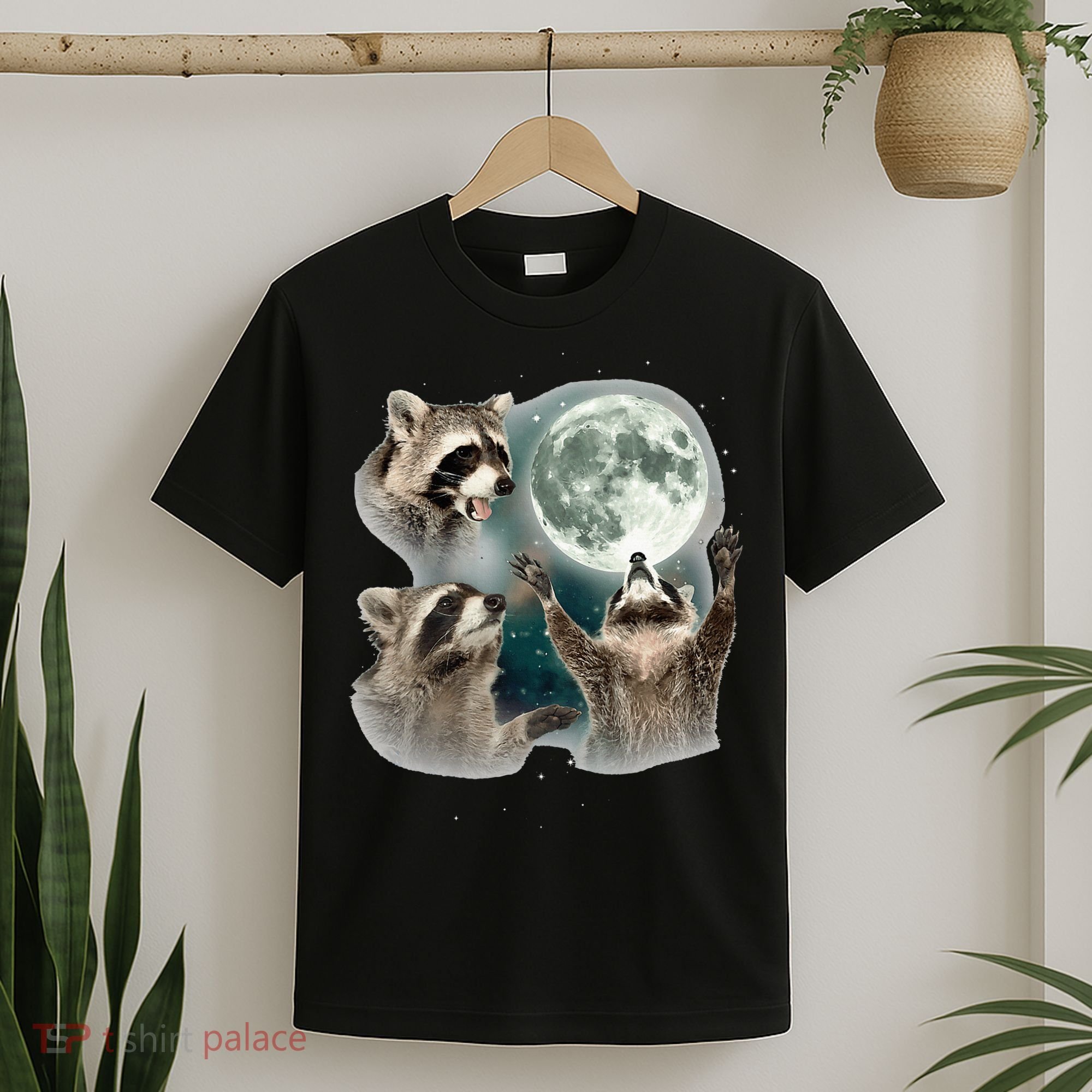 Raccoon 3 Racoons Howling At Moon Funny Weird Cursed T-Shirt