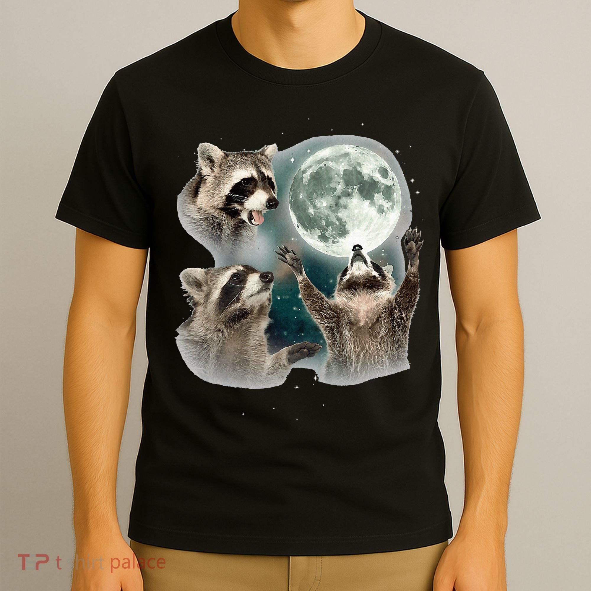 Raccoon 3 Racoons Howling At Moon Funny Weird Cursed T-Shirt