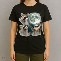 Raccoon 3 Racoons Howling At Moon Funny Weird Cursed T-Shirt thumb 4