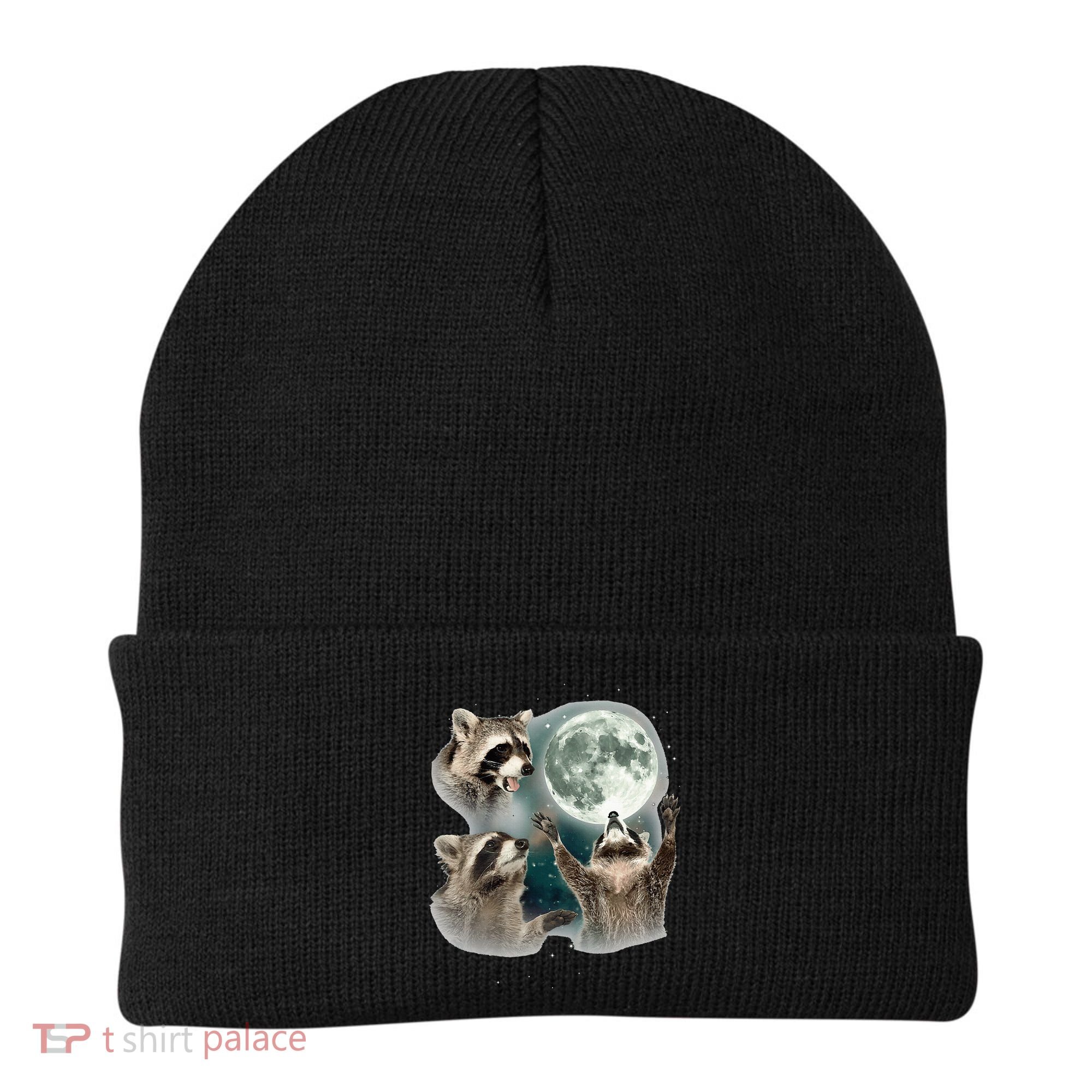 Raccoon 3 Racoons Howling At Moon Funny Weird Cursed Beanie