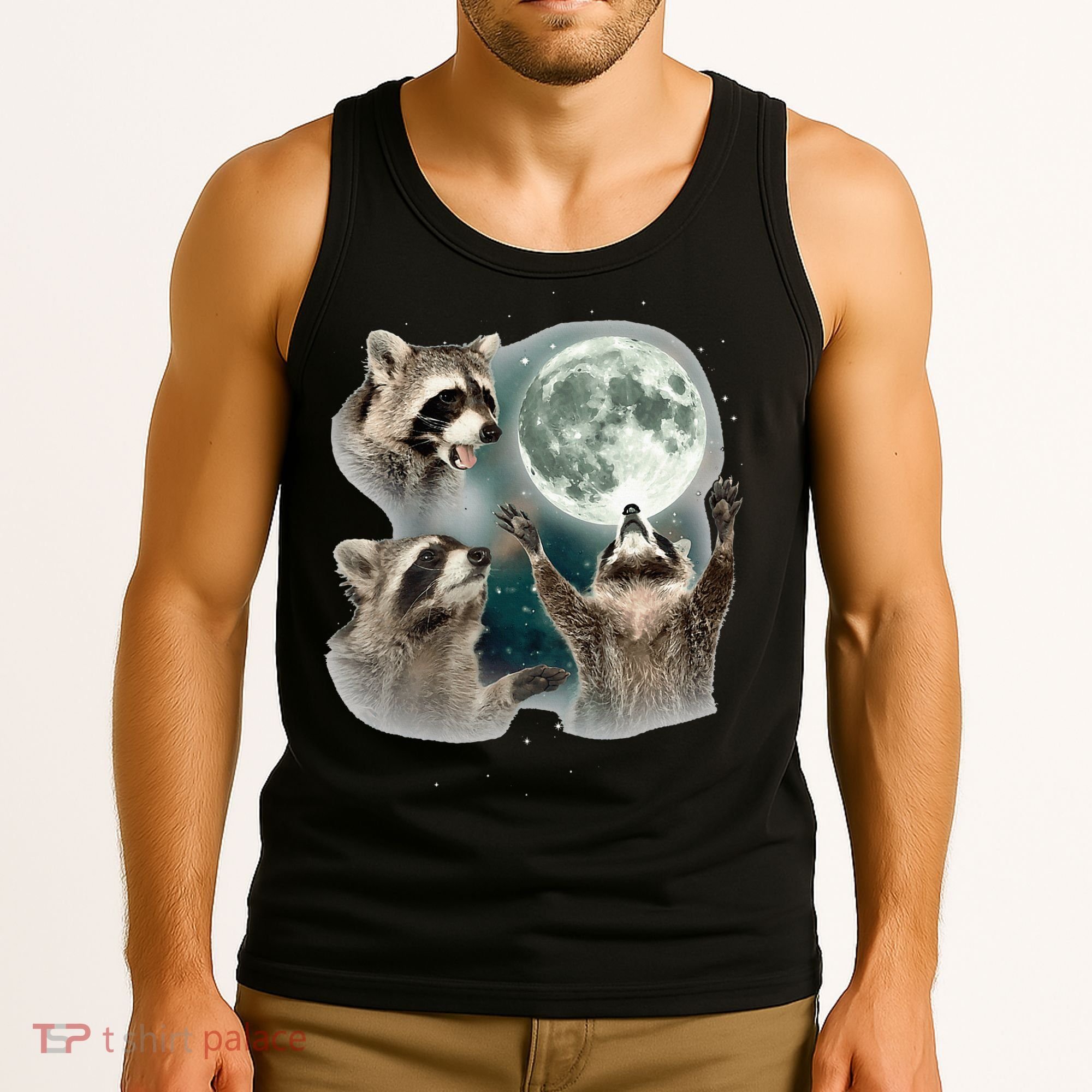 Raccoon 3 Racoons Howling At Moon Funny Weird Cursed Tank Top