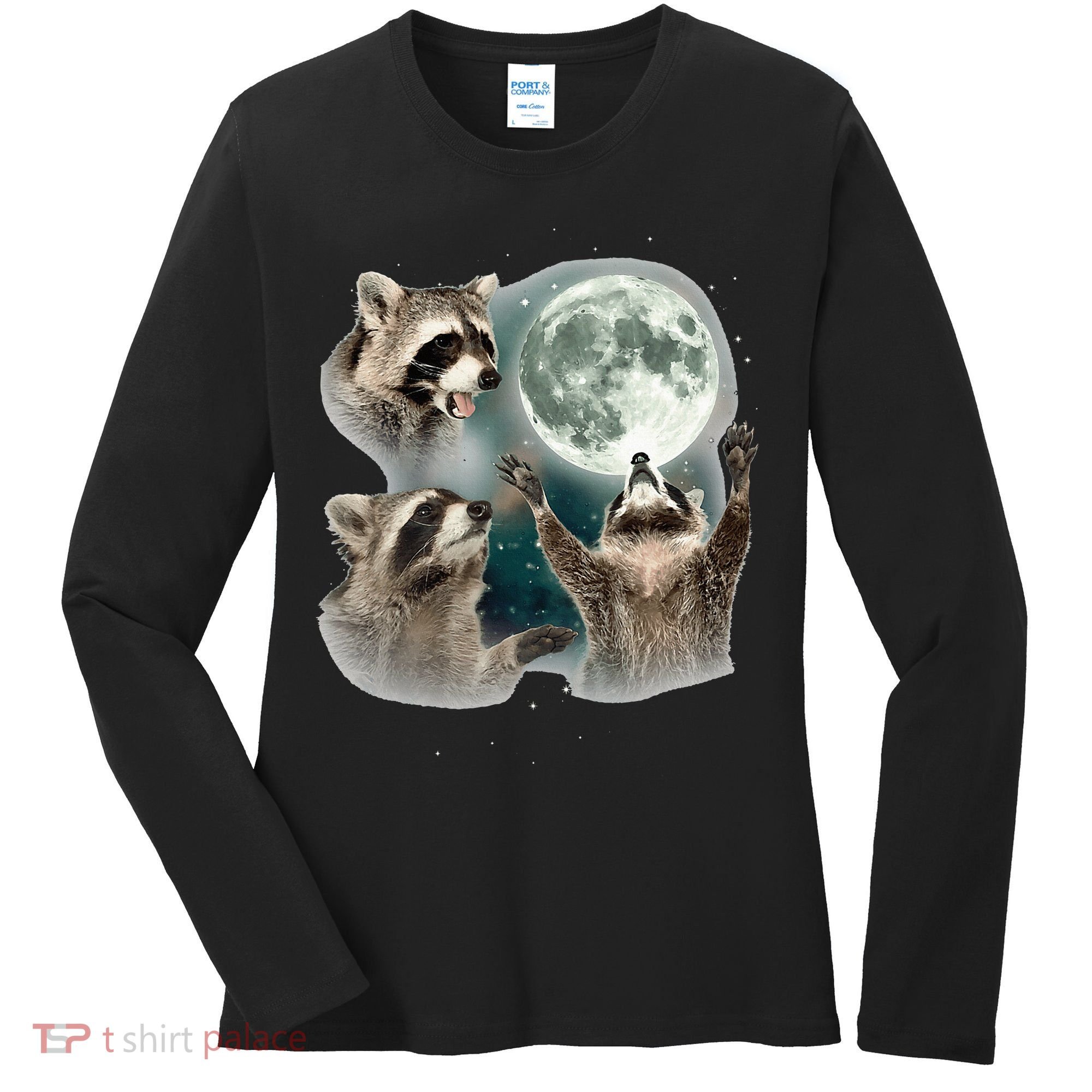 Raccoon 3 Racoons Howling At Moon Funny Weird Cursed Women's Long Sleeve Shirt