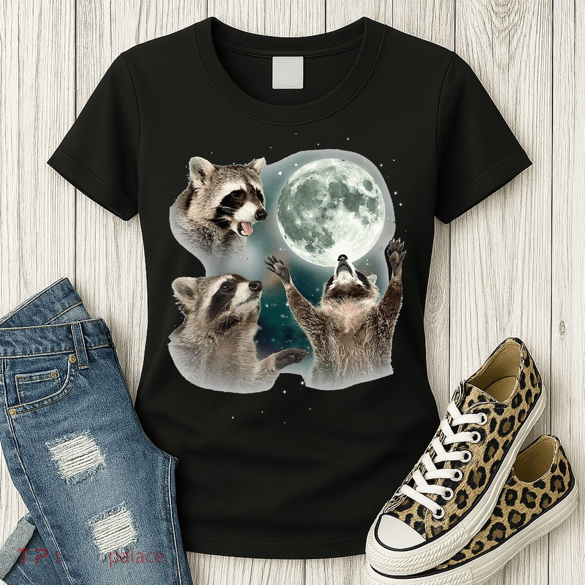 Raccoon 3 Racoons Howling At Moon Funny Weird Cursed Women's T-Shirt