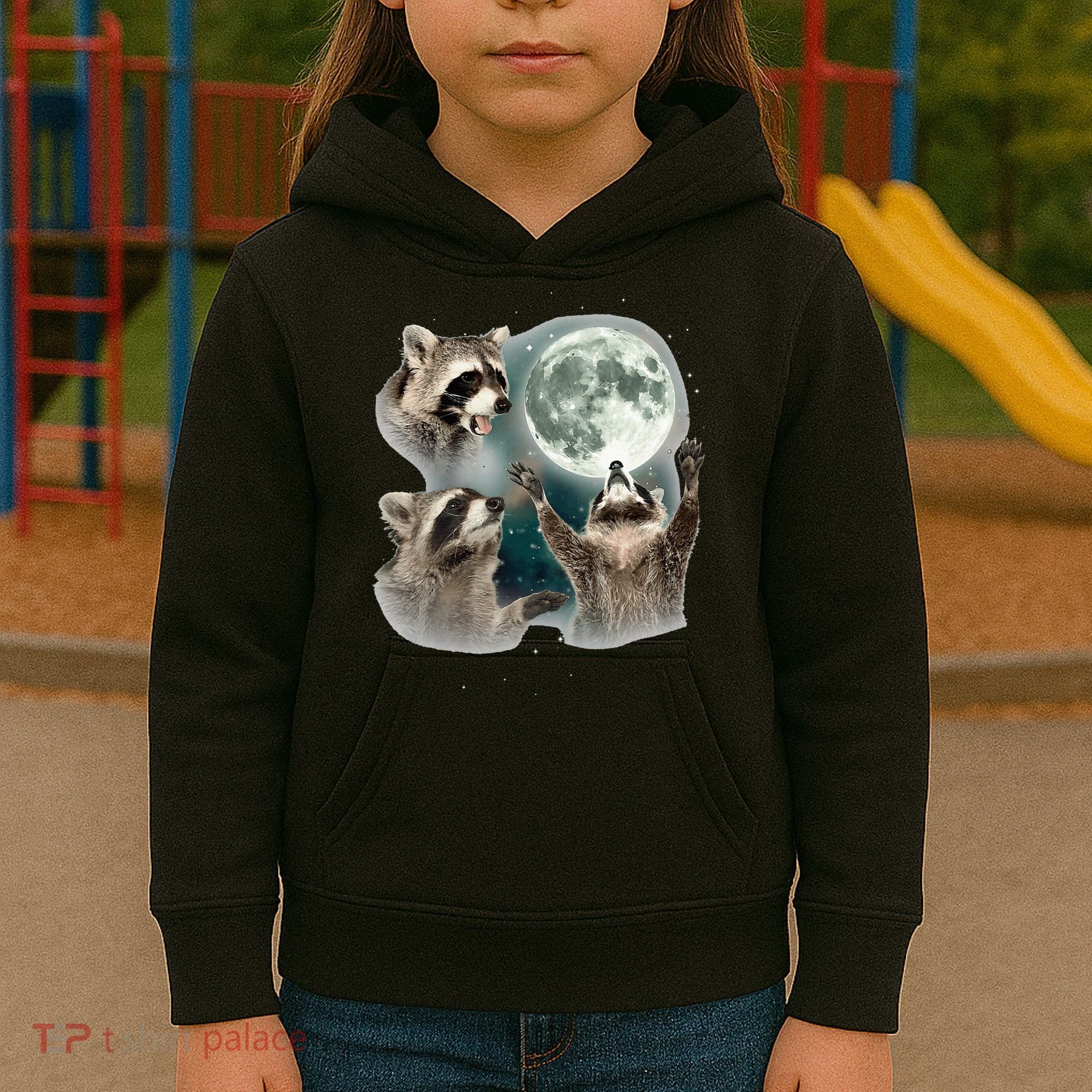 Raccoon 3 Racoons Howling At Moon Funny Weird Cursed Kids Hoodie
