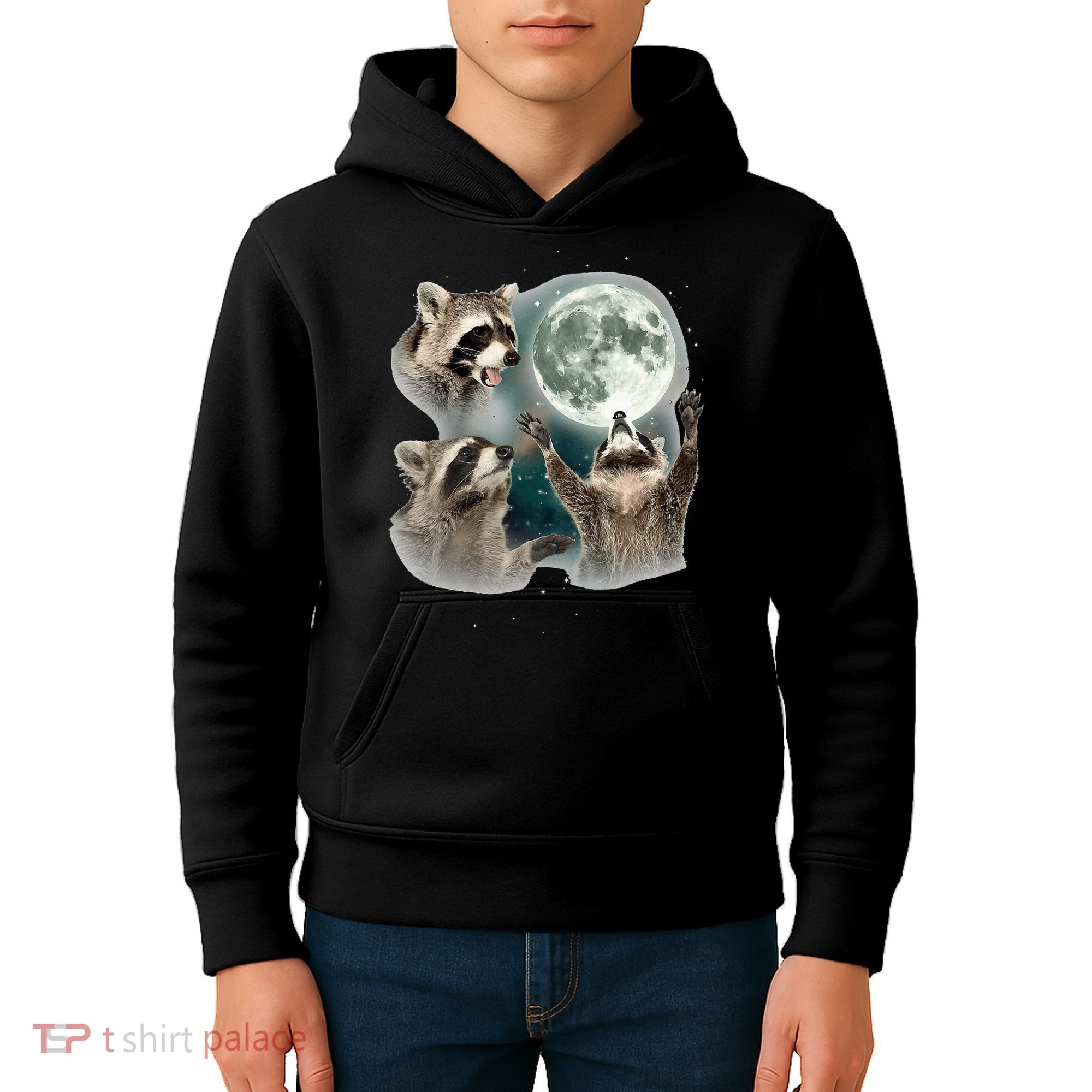 Raccoon 3 Racoons Howling At Moon Funny Weird Cursed Kids Hoodie