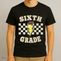 Retro 6th Sixth Grade Teacher Lightning Bolt Pencil Teacher T-Shirt thumb 3