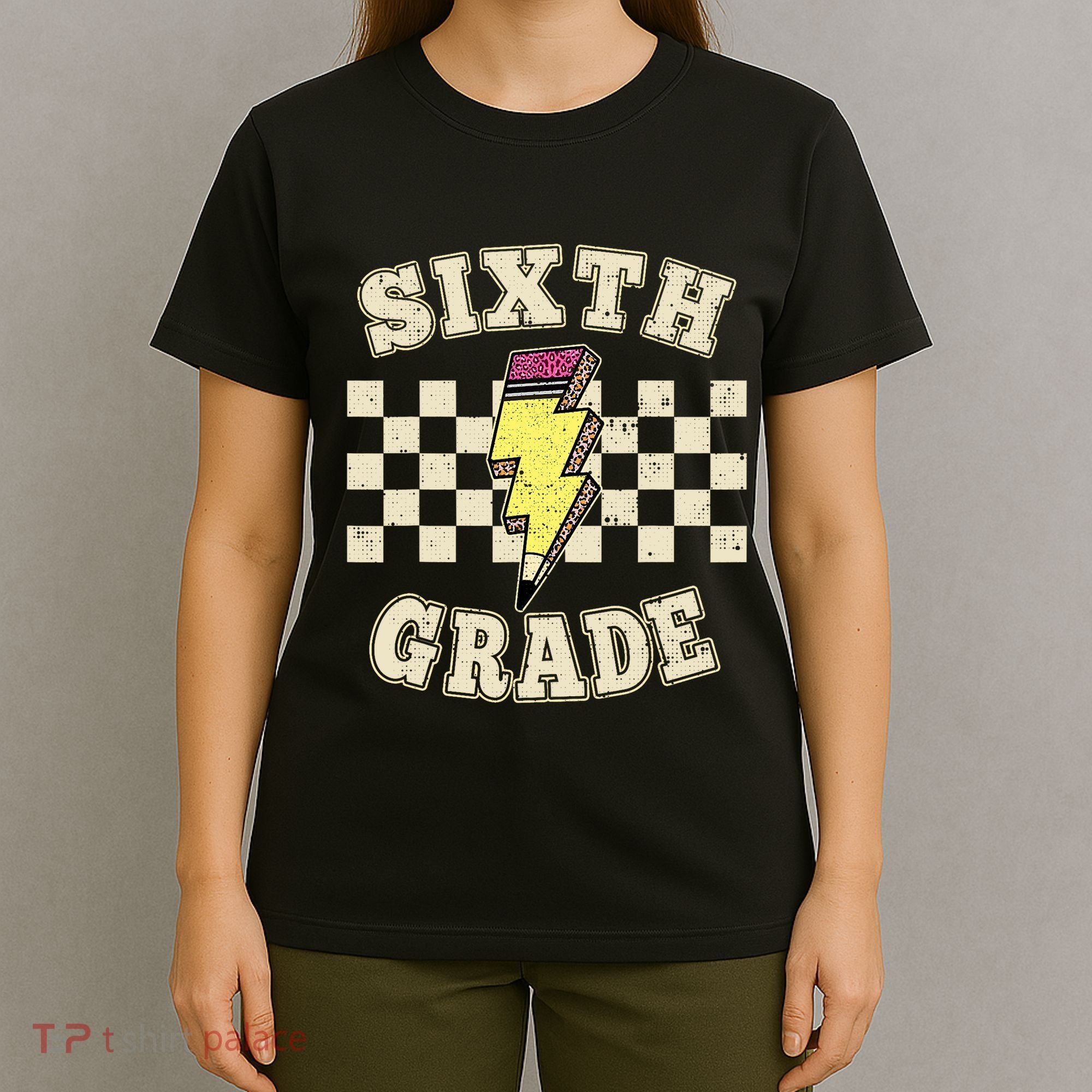 Retro 6th Sixth Grade Teacher Lightning Bolt Pencil Teacher T-Shirt