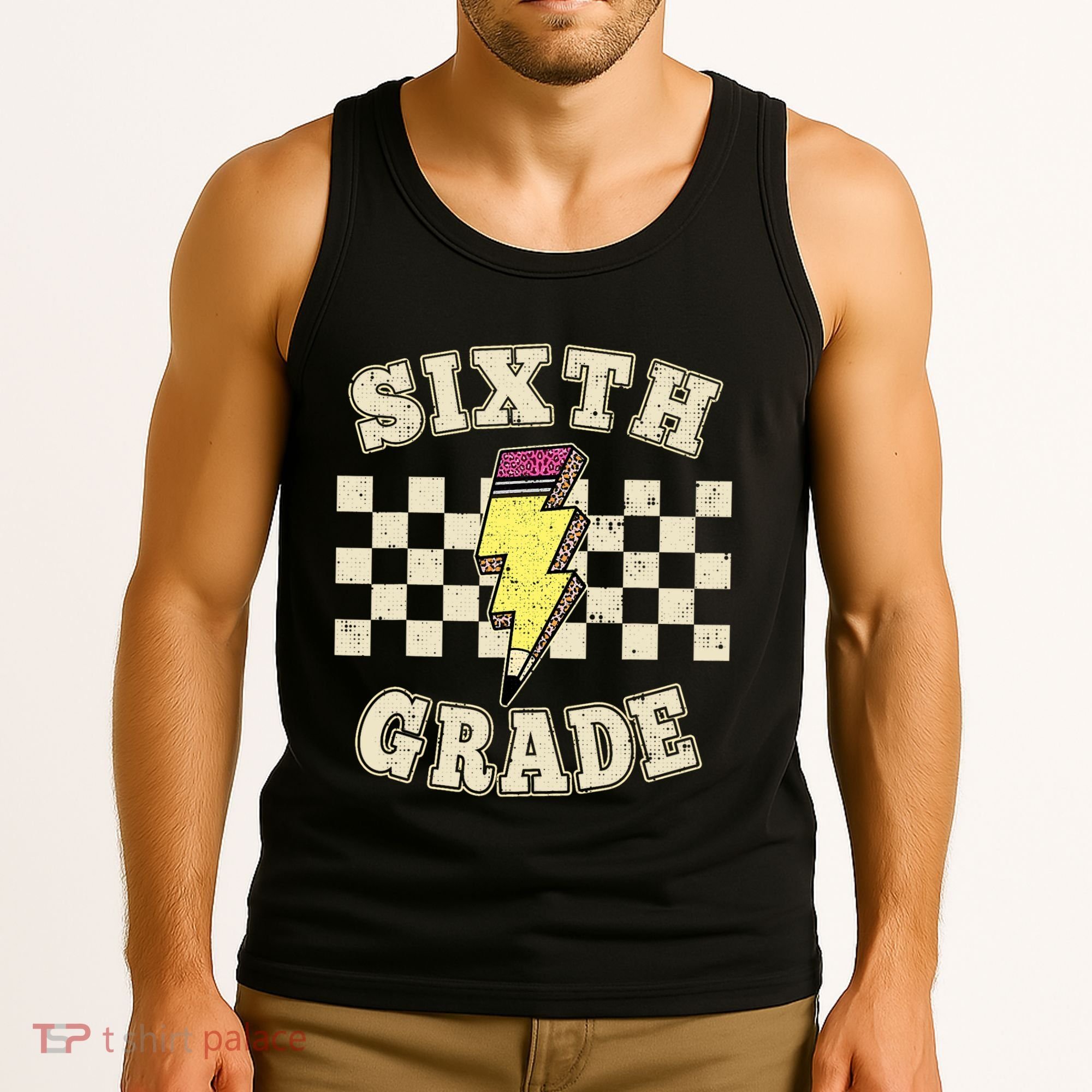 Retro 6th Sixth Grade Teacher Lightning Bolt Pencil Teacher Tank Top