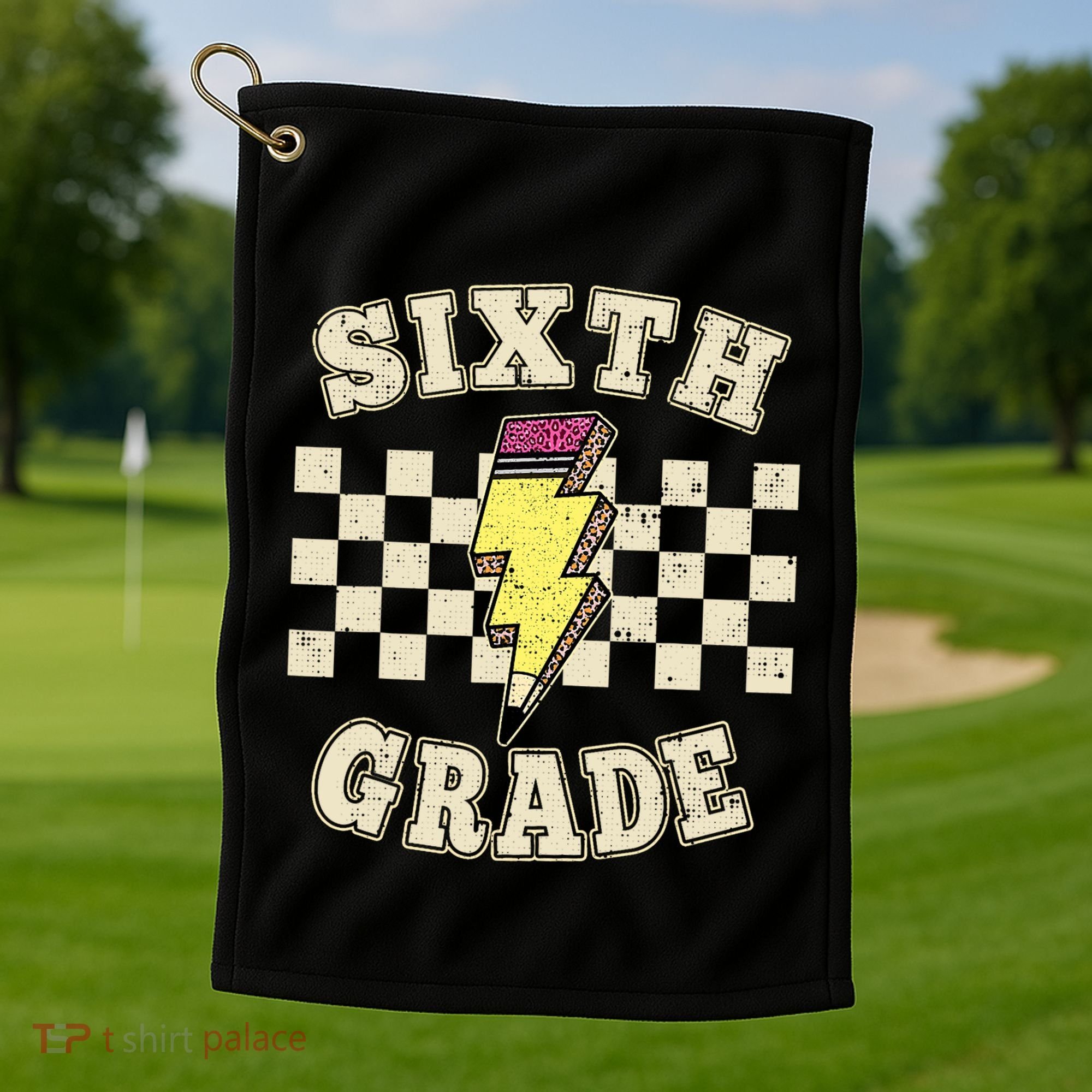 Retro 6th Sixth Grade Teacher Lightning Bolt Pencil Teacher Golf Towel