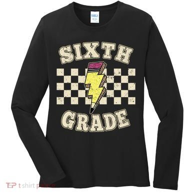Retro 6th Sixth Grade Teacher Lightning Bolt Pencil Teacher Women's Long Sleeve Shirt