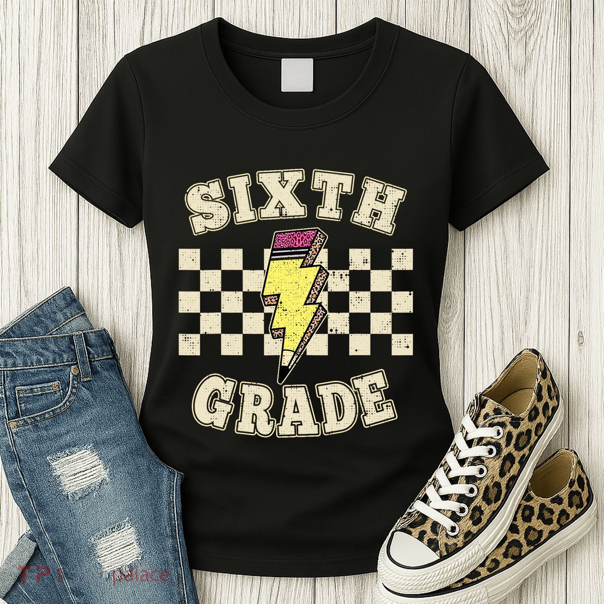 Retro 6th Sixth Grade Teacher Lightning Bolt Pencil Teacher Women's T-Shirt